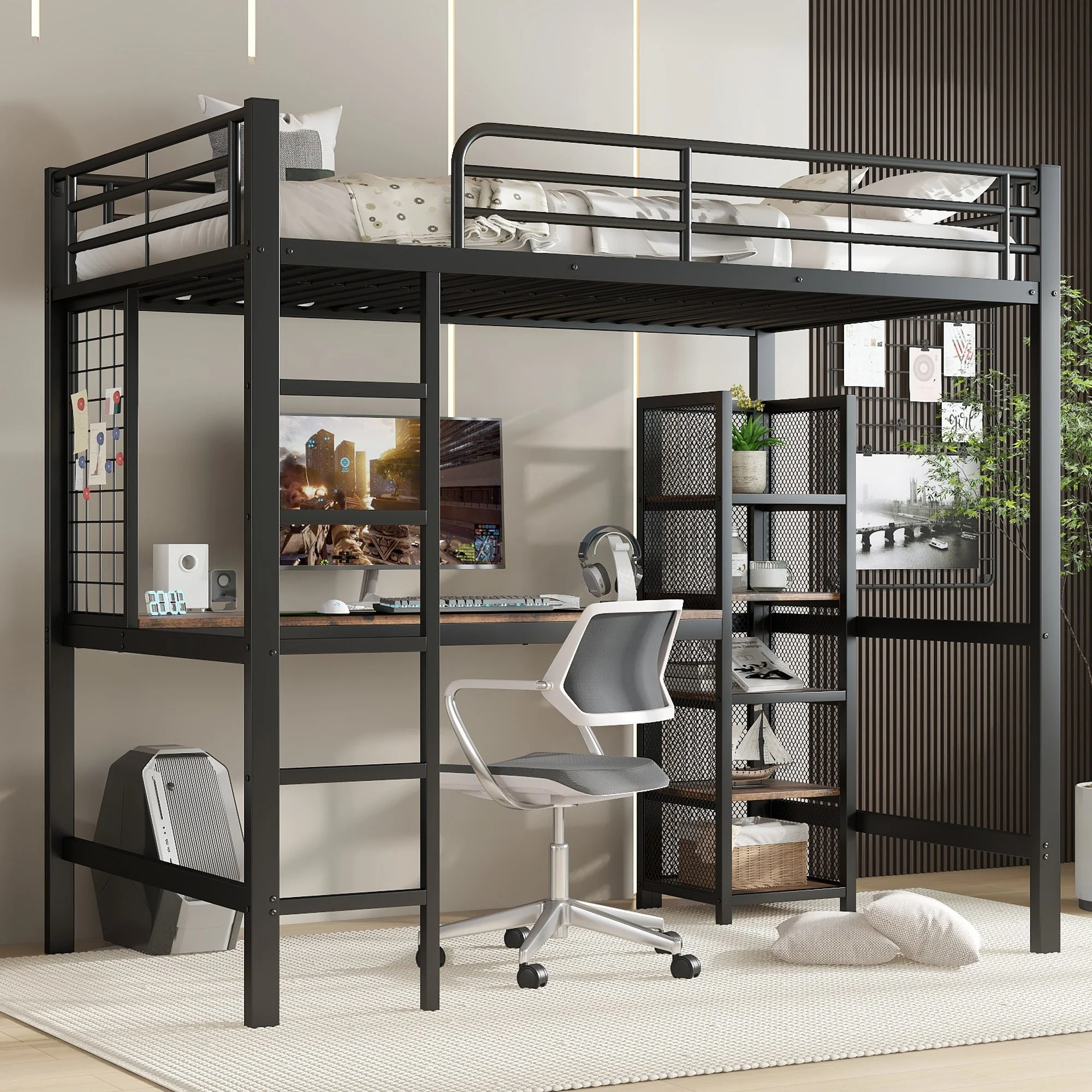 Loft Bed 90x200cm with Table and Shelving Unit, Iron/MDF Black/Dark Wood - Image 2