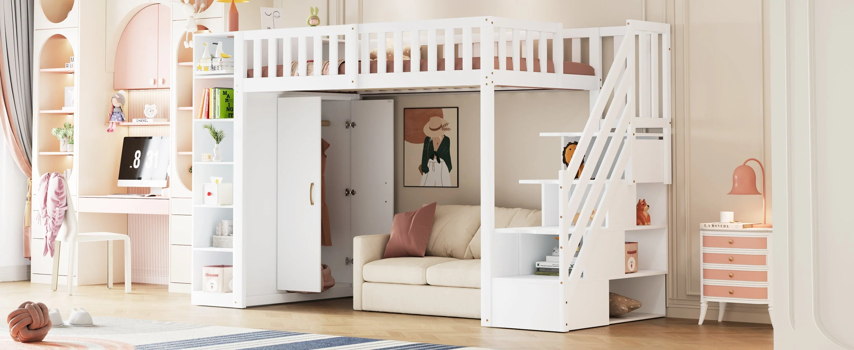 Loft Bed 90x200cm with Wardrobe Storage Cabinet Shelves & Ladder - White - Image 10