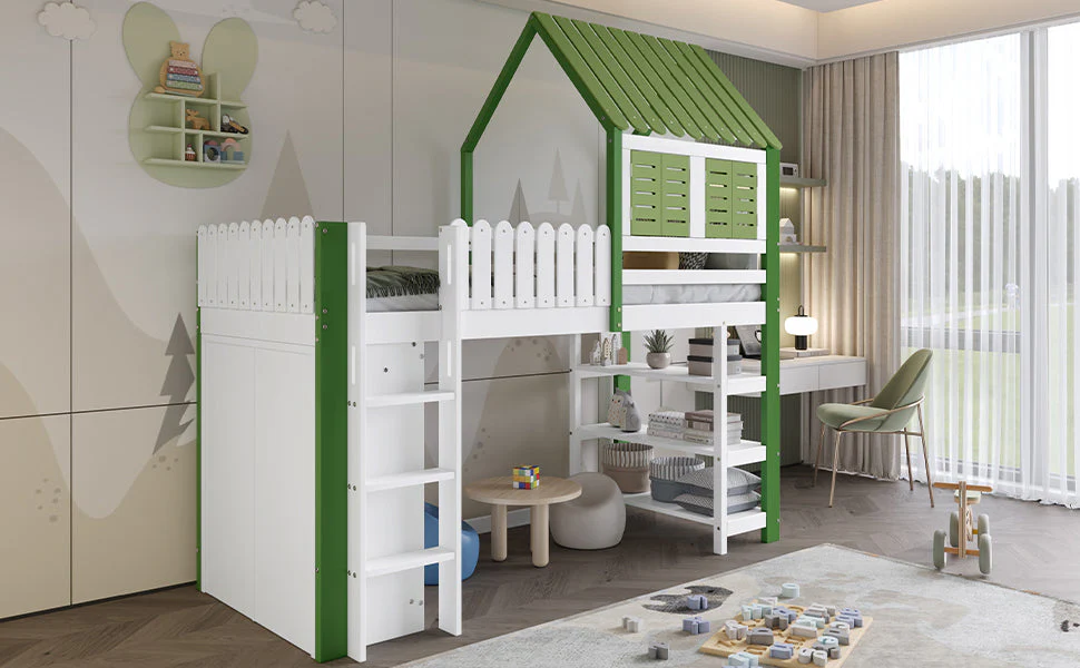 Loft Bed, Children's with Wardrobe & Ladder, Pine+MDF+Plywood, White+Green - Image 10
