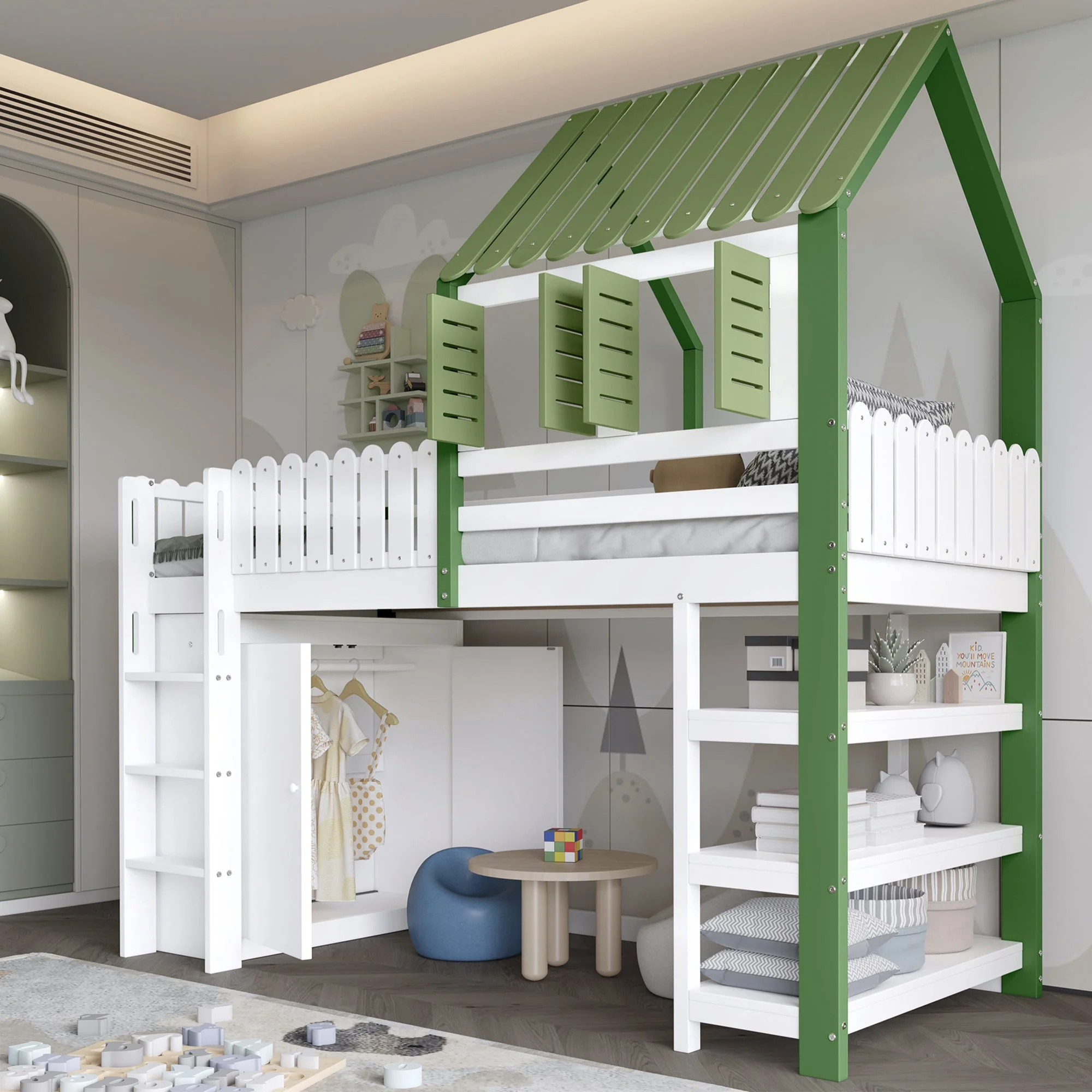 Loft Bed, Children's with Wardrobe & Ladder, Pine+MDF+Plywood, White+Green - Image 2