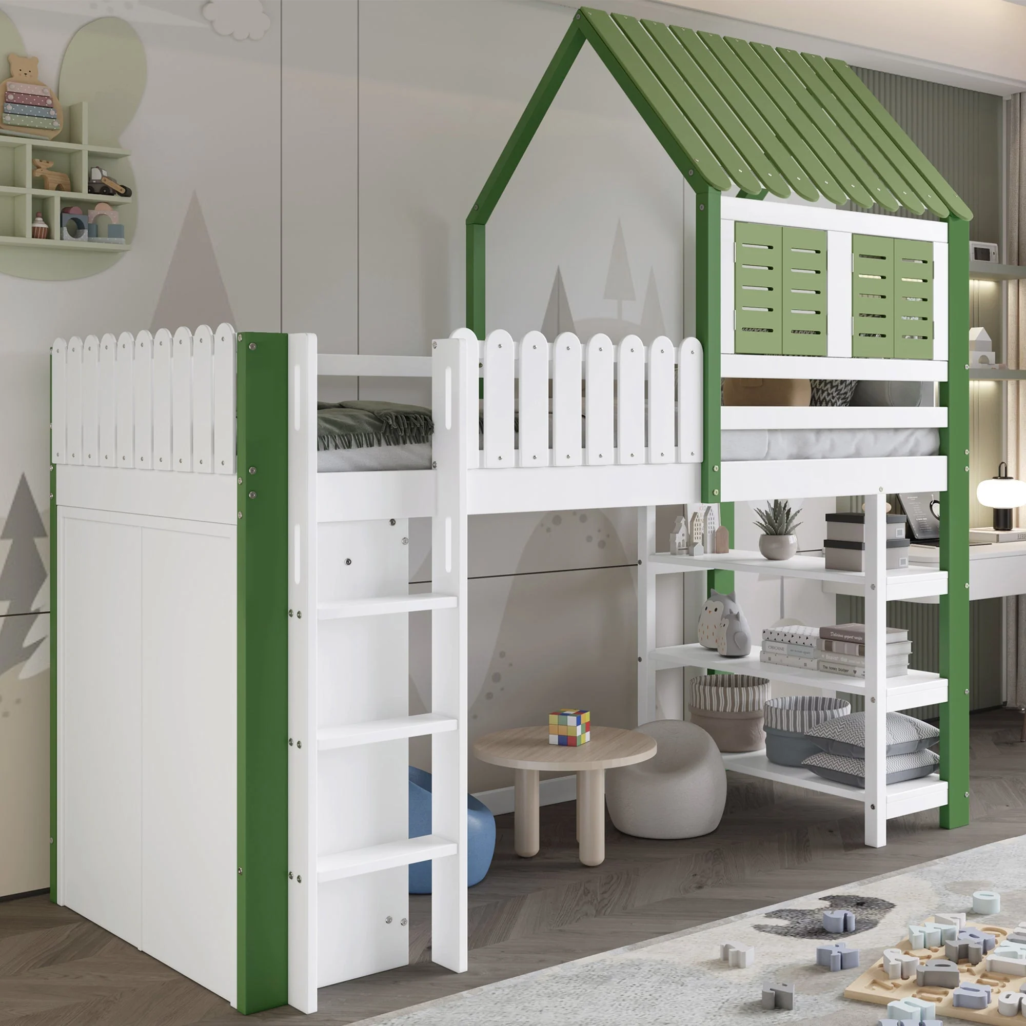 Loft Bed, Children's with Wardrobe & Ladder, Pine+MDF+Plywood, White+Green - Image 3