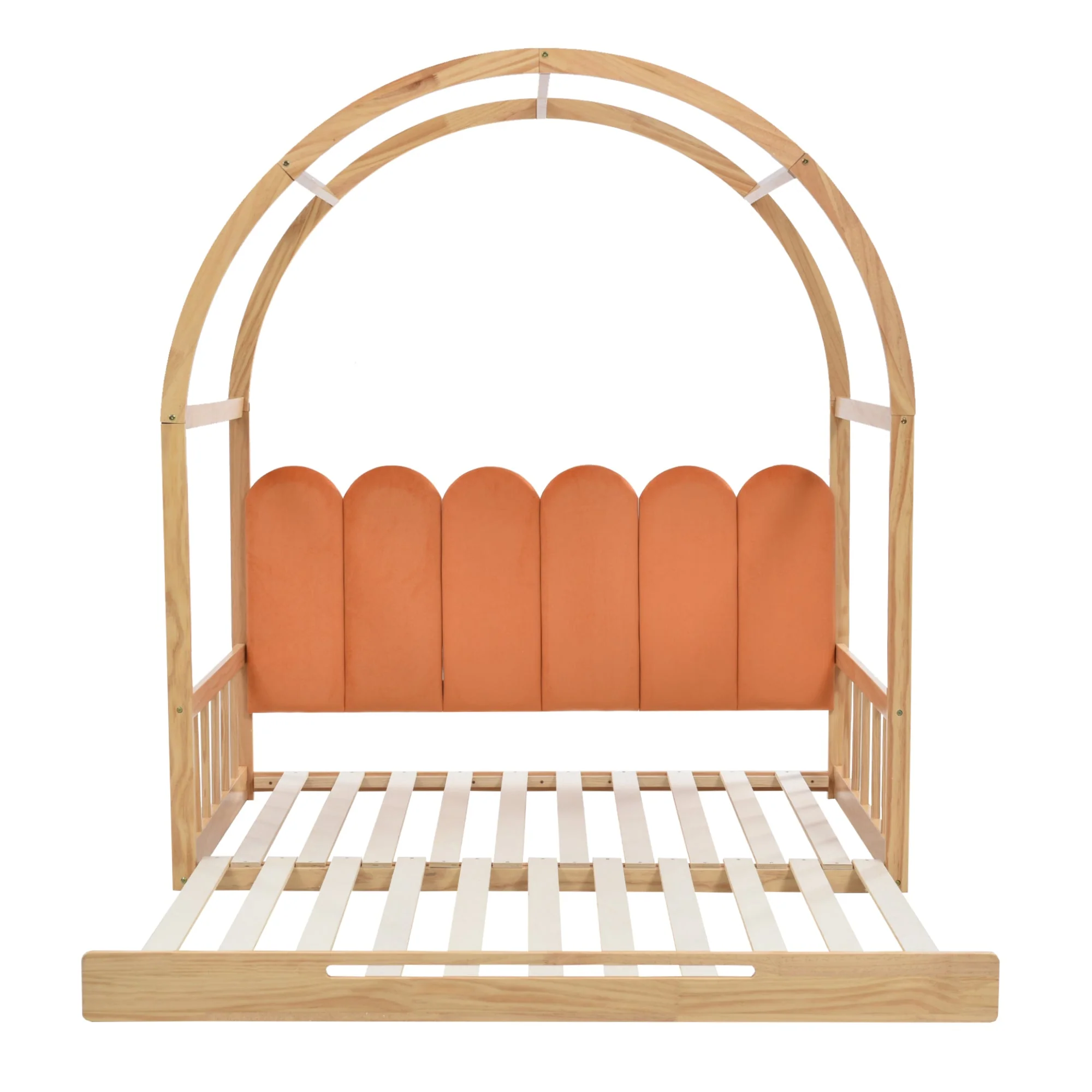 Loft Bed, Expandable Vaulted Sliding, Velvet Cushions, Pinewood Frame, Natural and Orange - Image 10