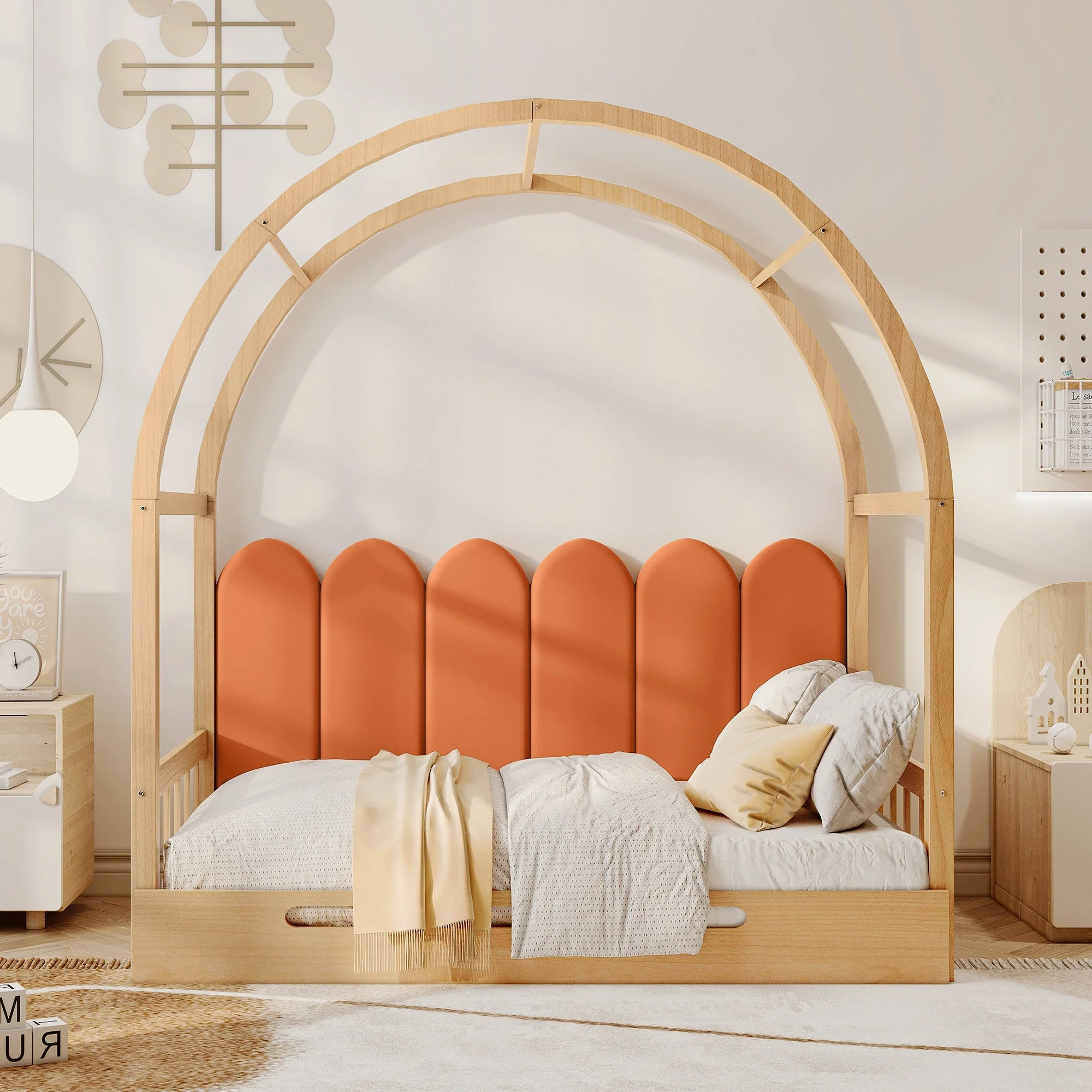 Loft Bed, Expandable Vaulted Sliding, Velvet Cushions, Pinewood Frame, Natural and Orange - Image 2