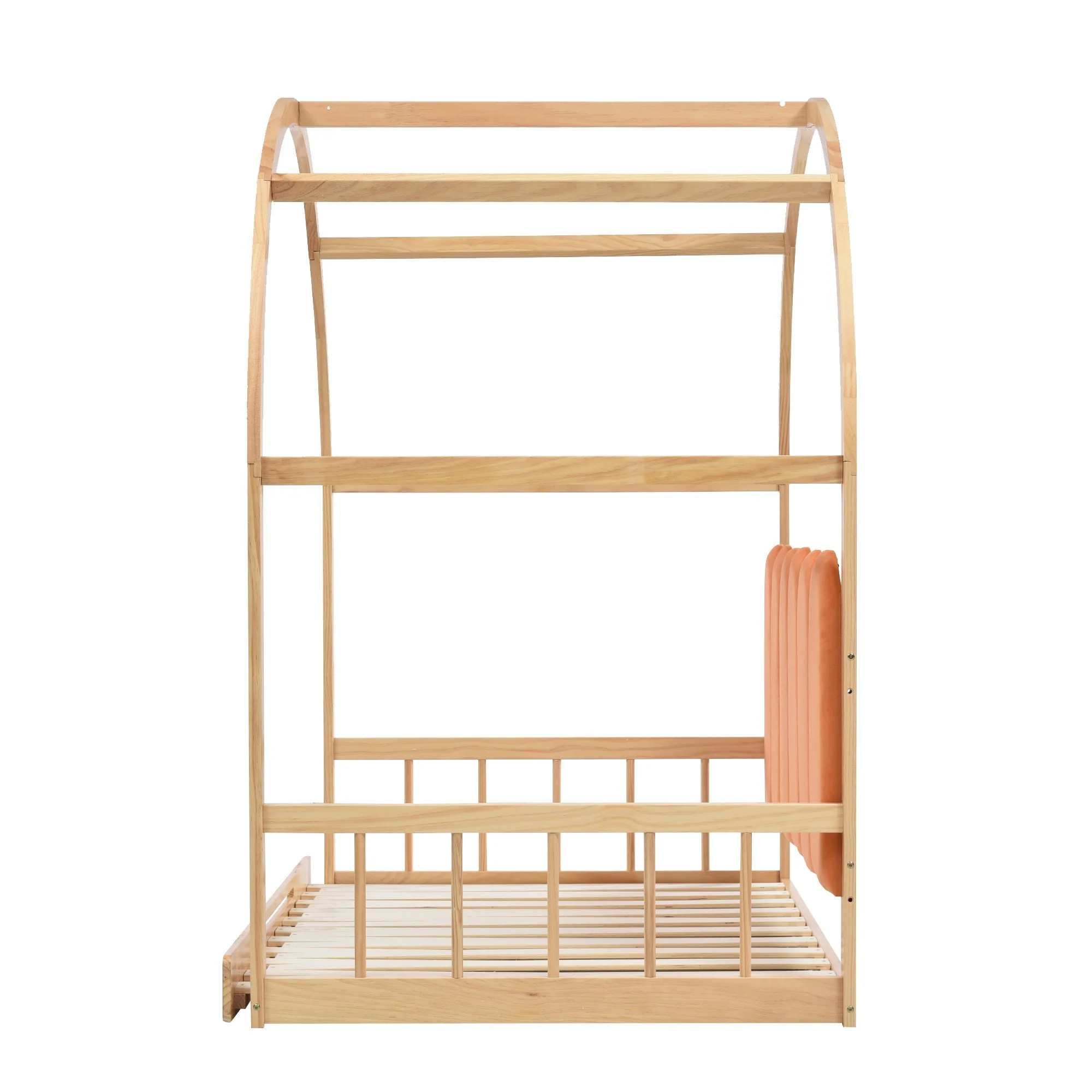 Loft Bed, Expandable Vaulted Sliding, Velvet Cushions, Pinewood Frame, Natural and Orange - Image 8