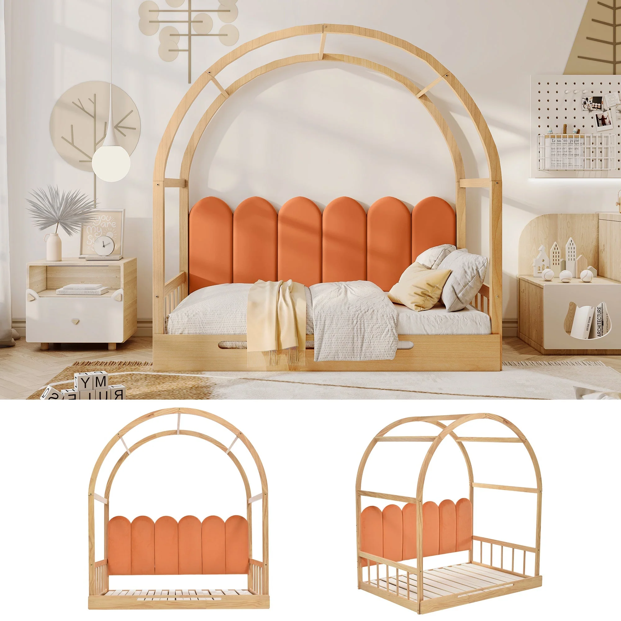 Loft Bed, Expandable Vaulted Trundle Day Double with Velvet Cushions, Pinewood Frame Natural & Orange - Image 4