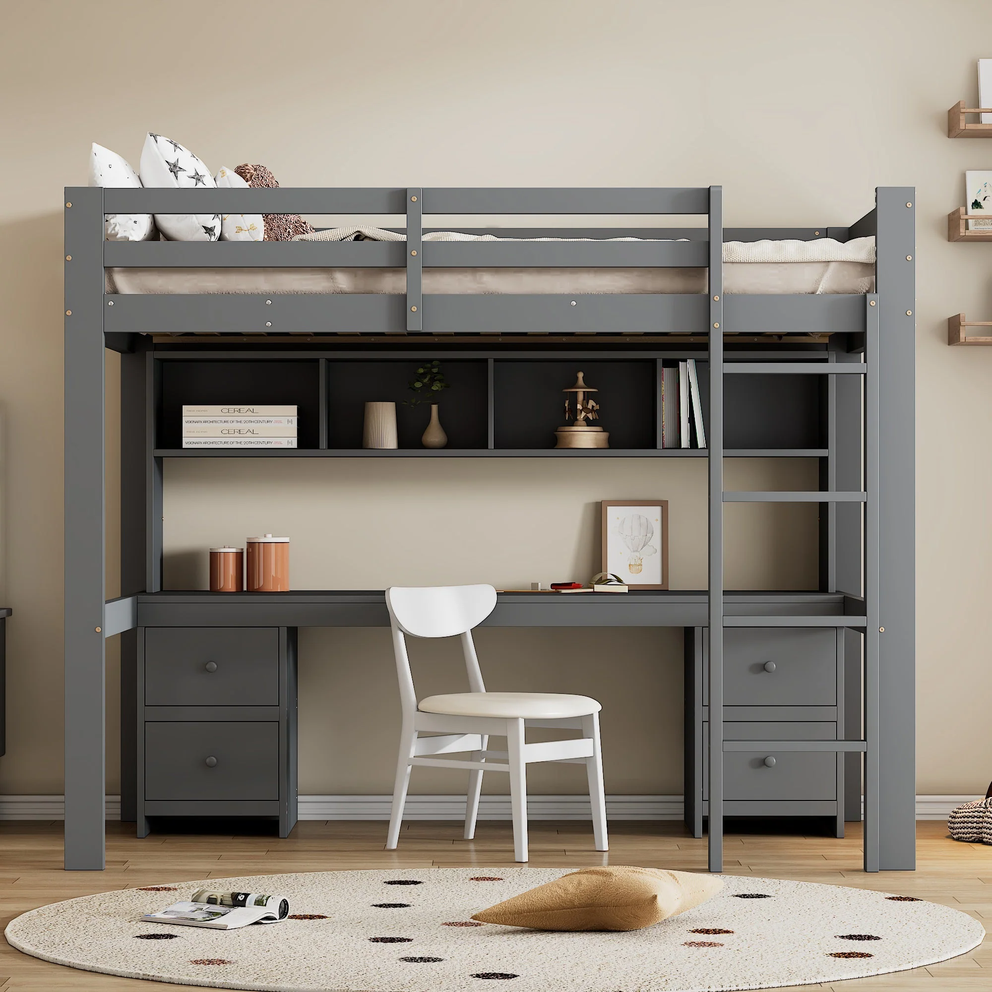Loft Bed for Children with Desk and Storage, 90x200 cm, Grey - Image 2