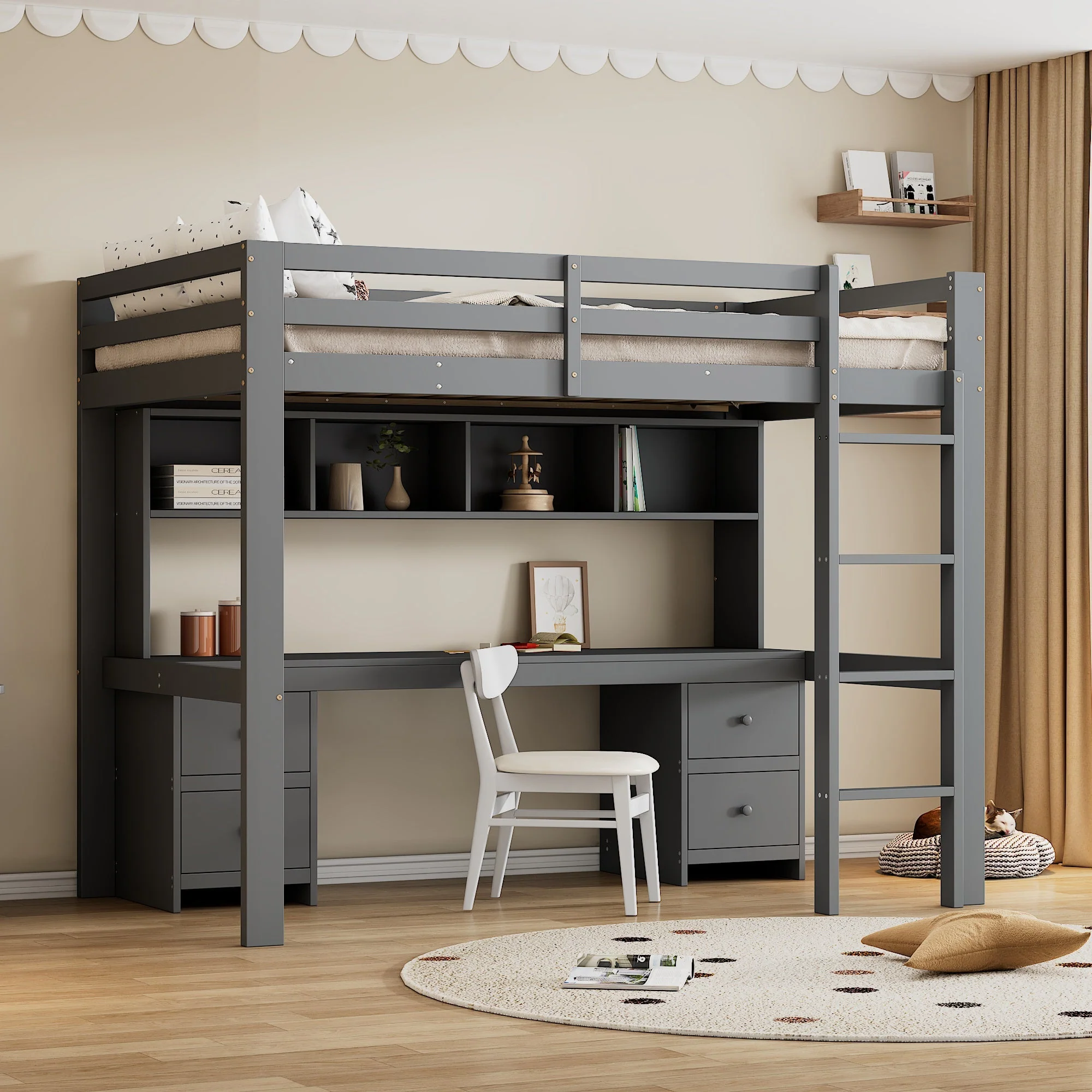 Loft Bed for Children with Desk and Storage, 90x200 cm, Grey - Image 3