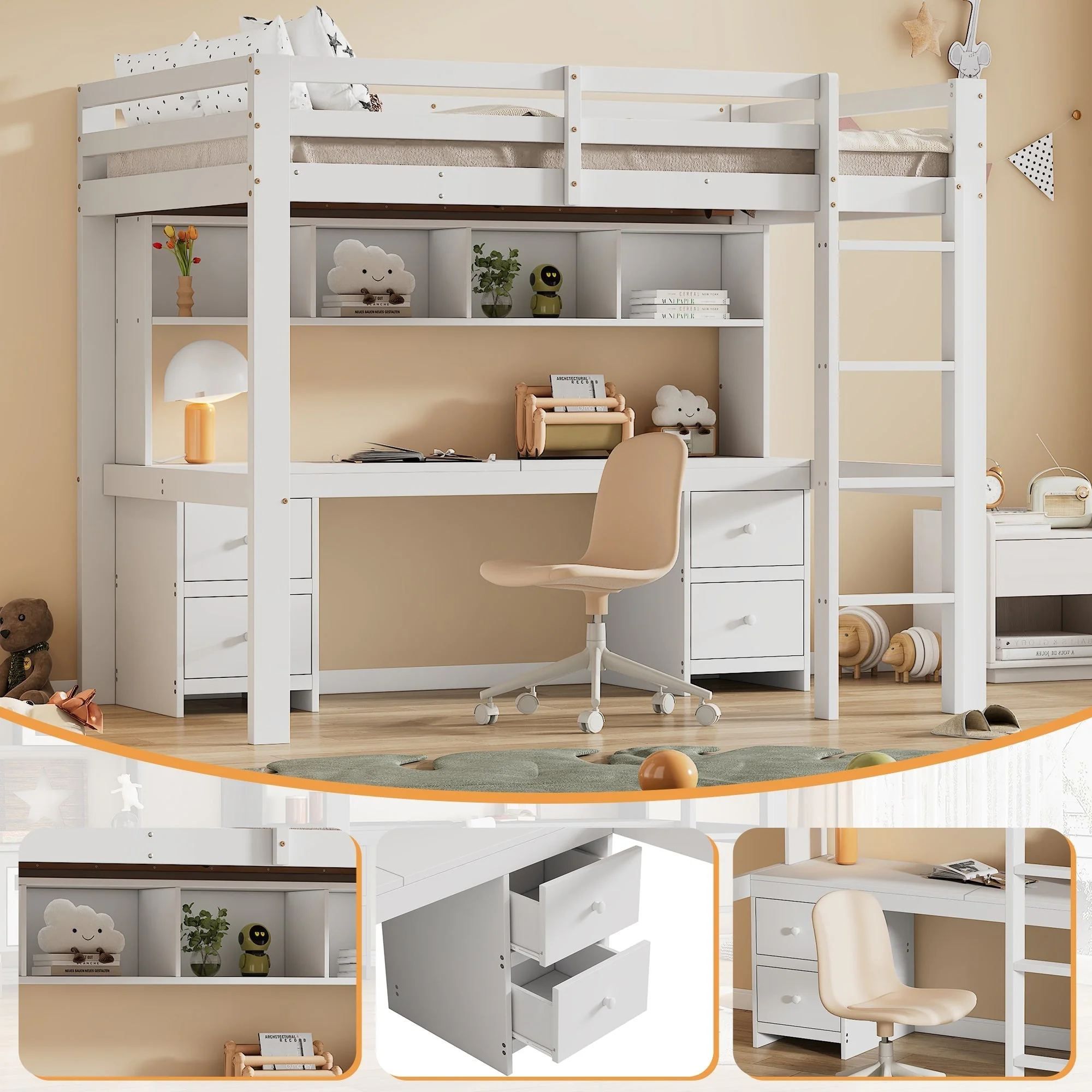 Loft Bed for Children with Desk and Storage, 90x200cm, White Pine Wood - Image 6