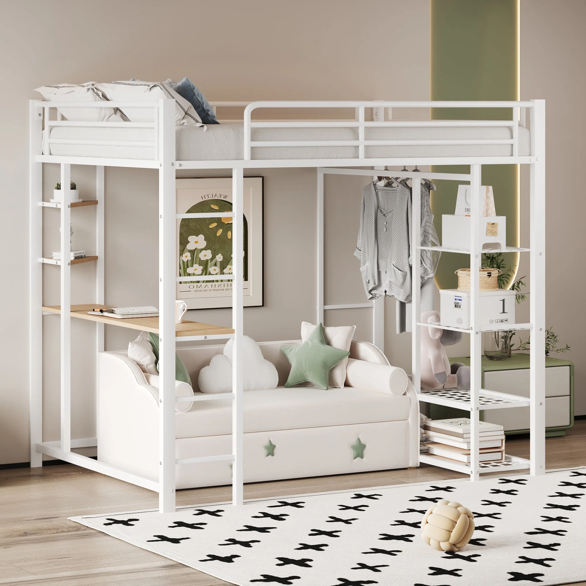 Loft Bed, Ladder & Table, Storage, White - Image 4