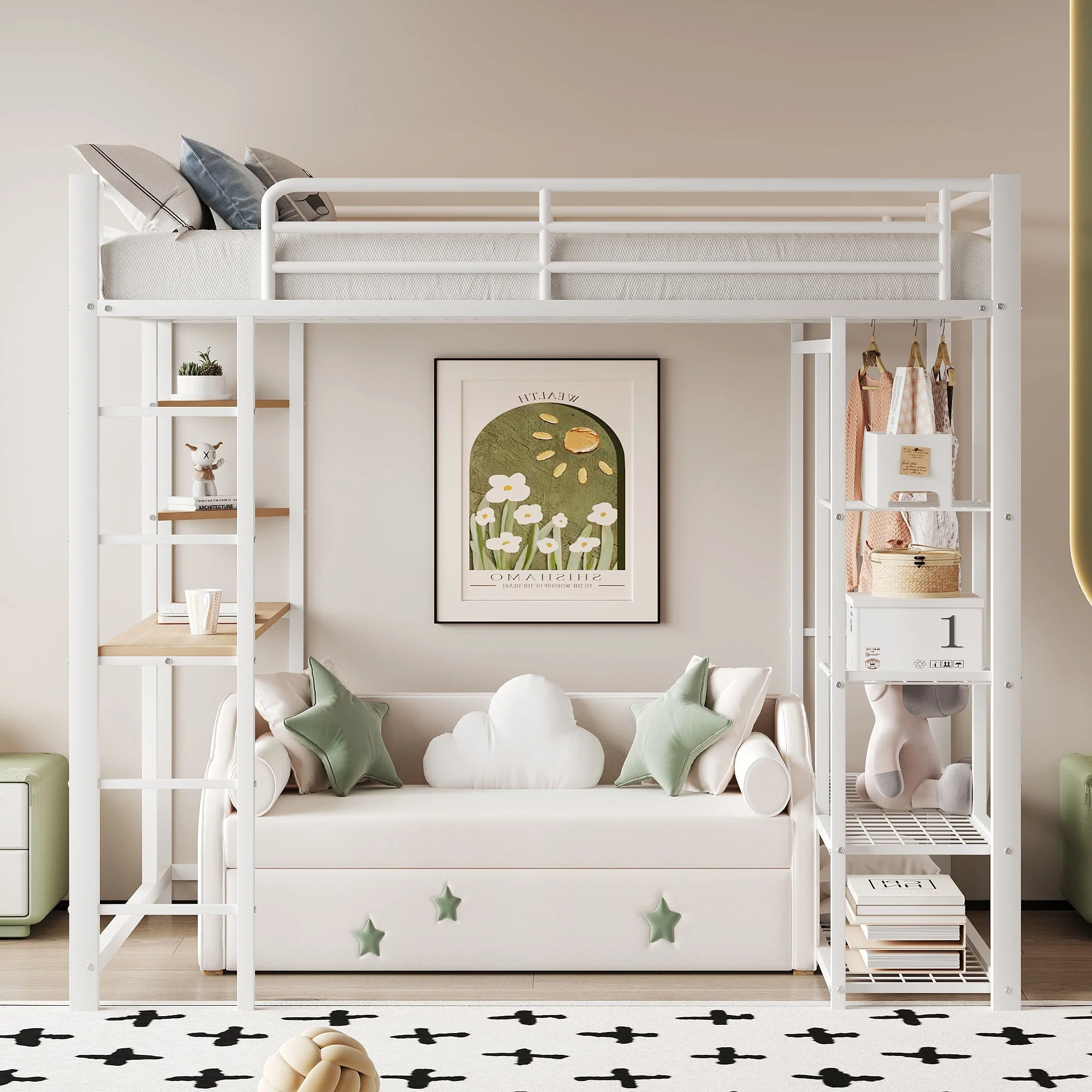 Loft Bed, Ladder & Table, Storage, White - Image 5