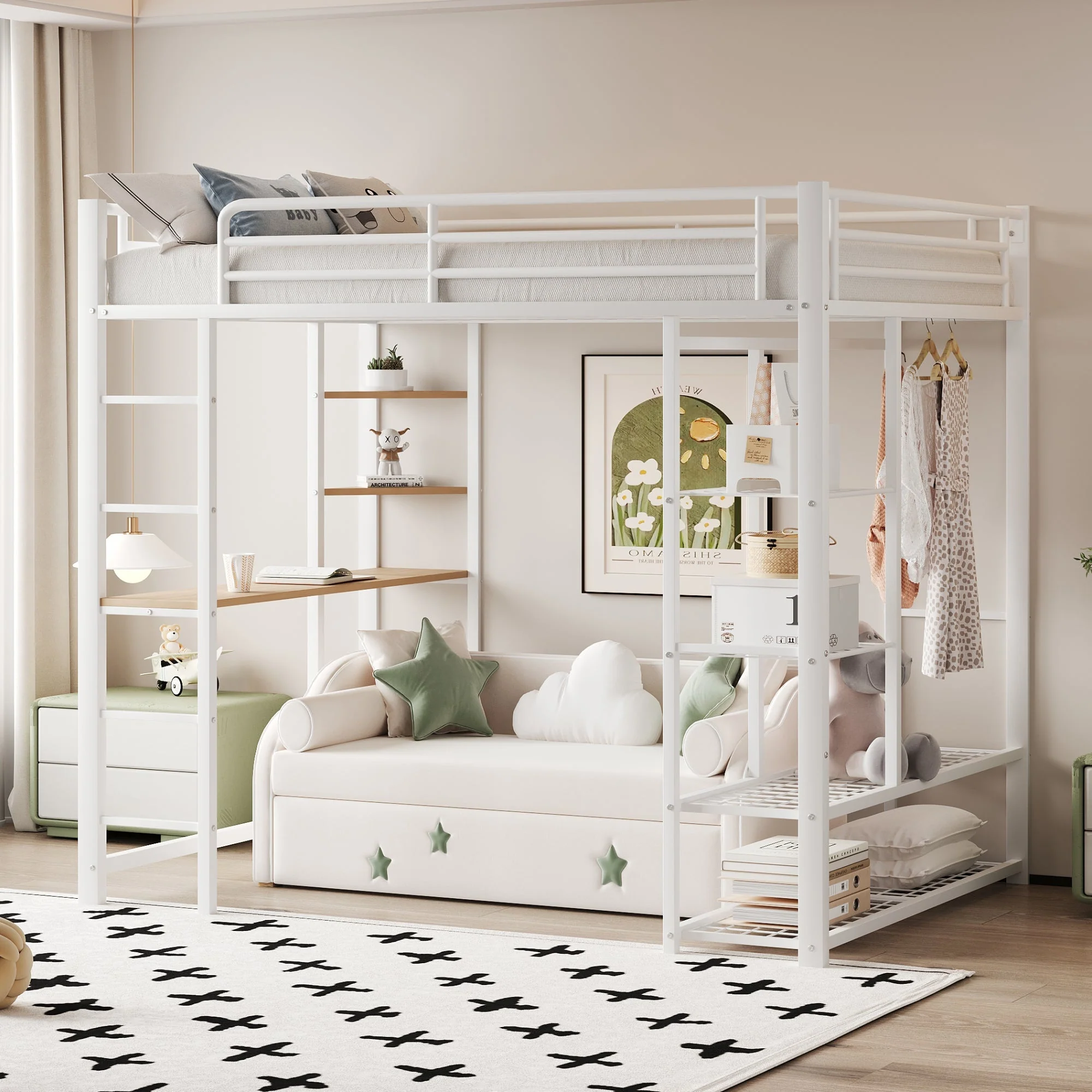 Loft Bed, Ladder & Table, Storage, White - Image 6