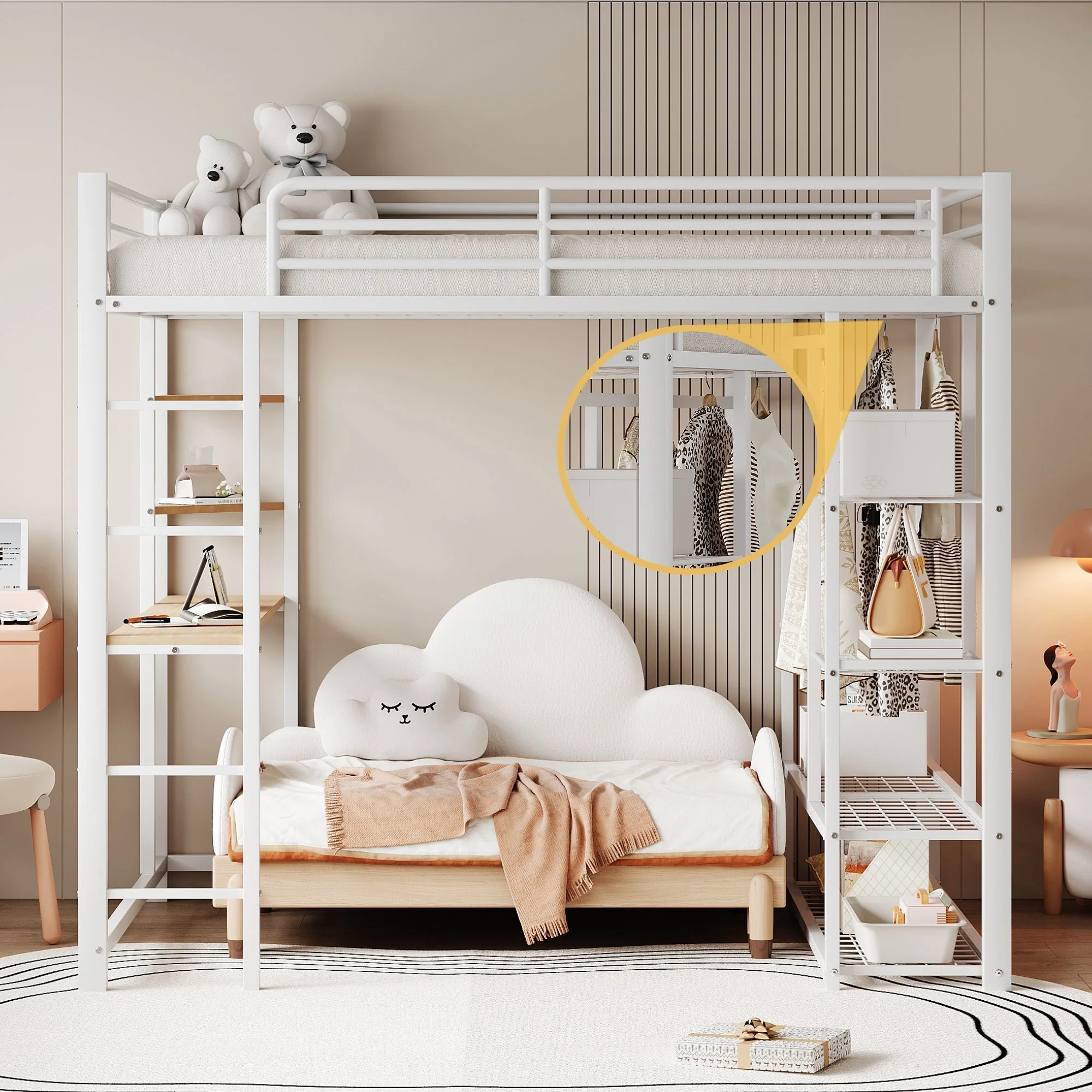 Loft Bed, Ladder & Table, Storage, White - Image 7