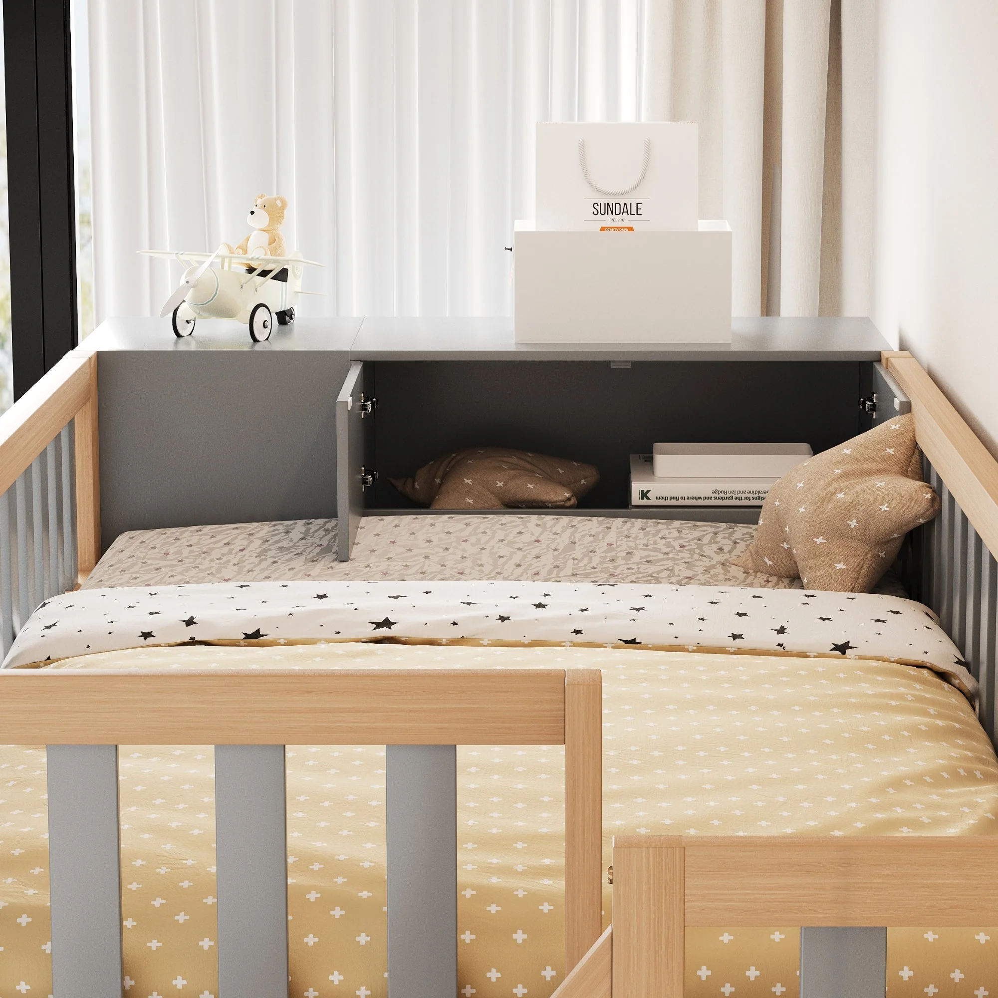 Loft Bed, Multifunctional with Shelves, Storage & Wardrobe, Grey + Raw Wood - Image 6
