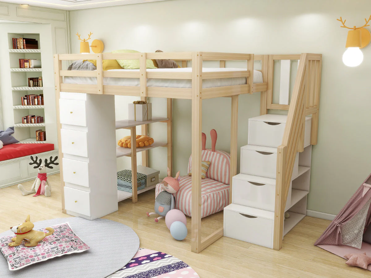 Loft Bed with 4 Drawers and Storage Stairs, 140x200 cm, White and Natural Wood - Image 6