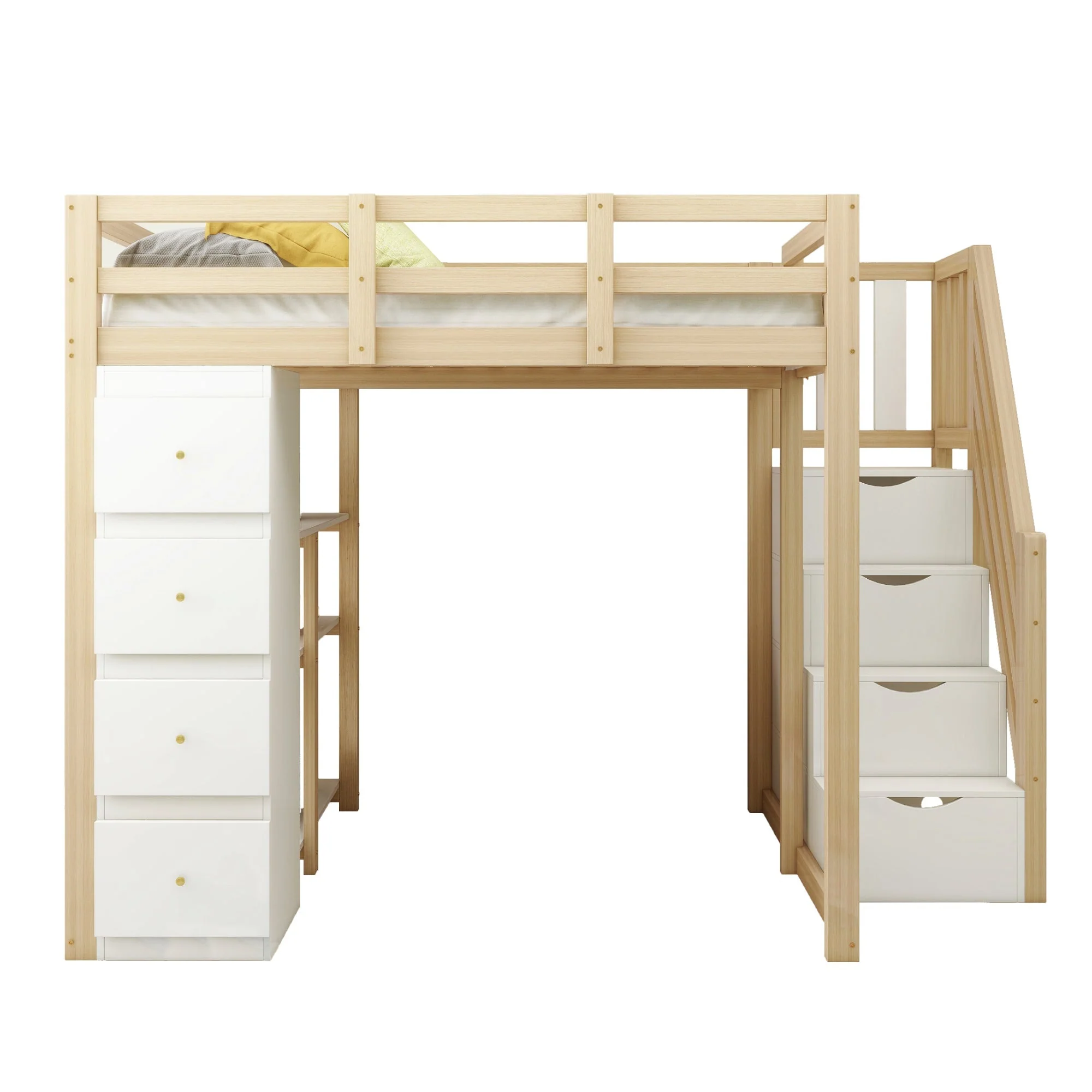 Loft Bed with 4 Drawers and Storage Stairs, 140x200 cm, White and Natural Wood - Image 8