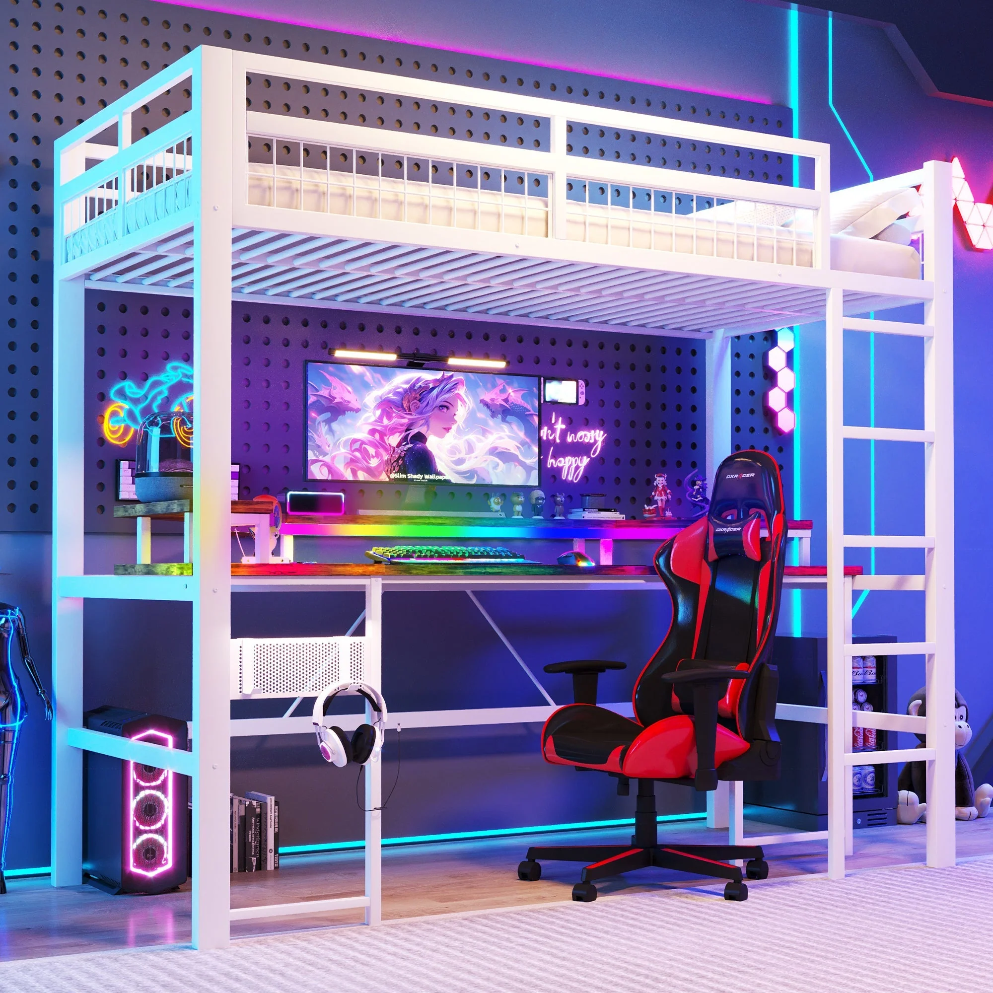 Loft Bed with Desk and LED Lights, USB Ports and Pegboard, White Iron Frame - Image 4