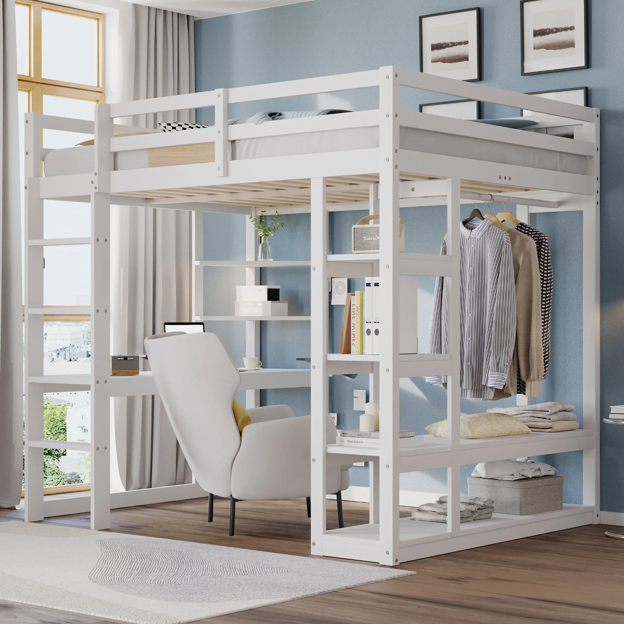 Loft Bed with Desk and Shelves, Solid Wood White and Grey - Image 4