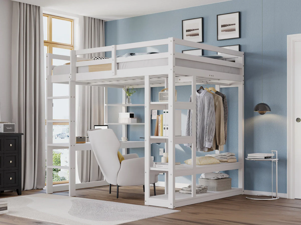 Loft Bed with Desk and Shelves, Solid Wood White and Grey - Image 7