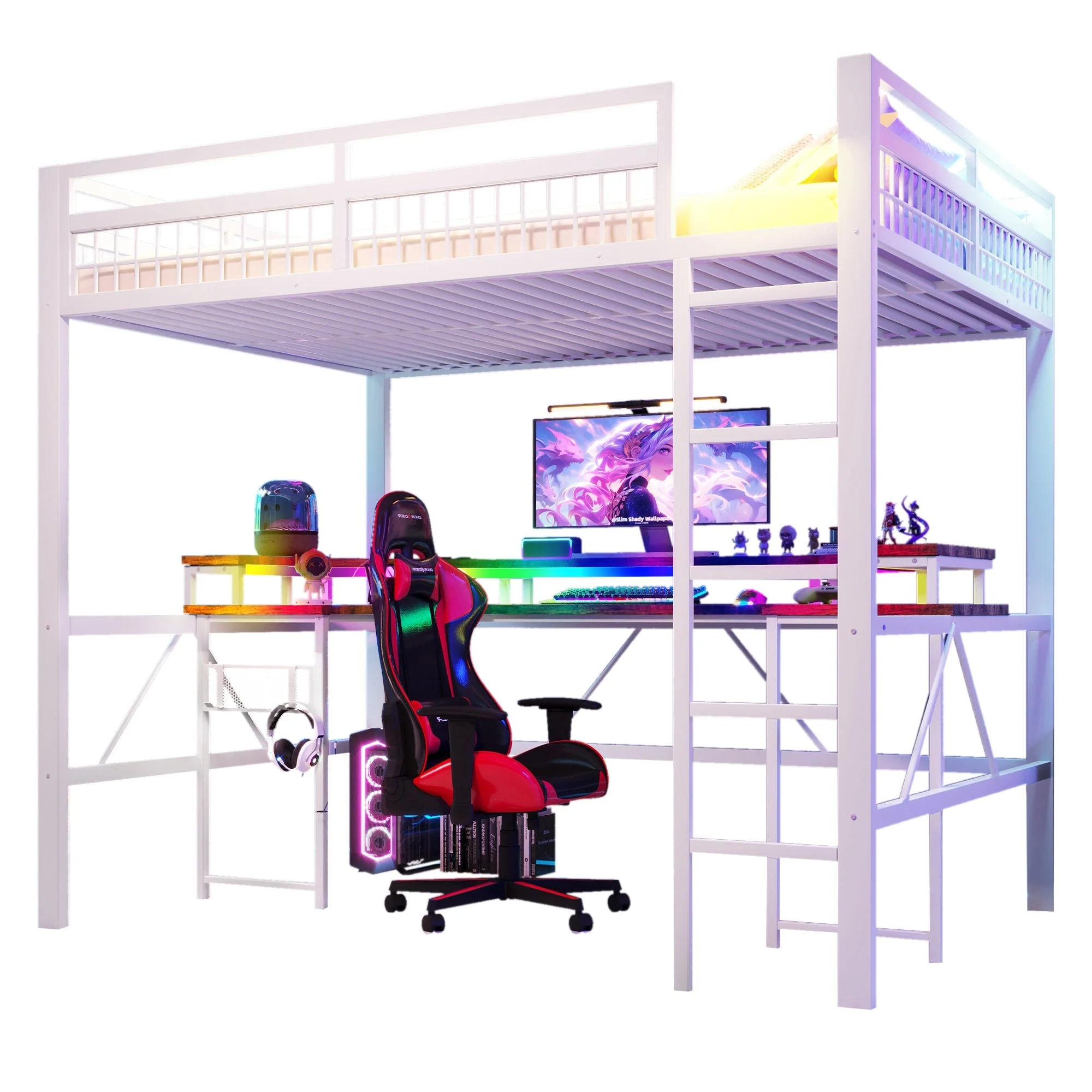 Loft Bed with Desk, LED Light Strip, USB Ports and Pegboard, White Metal Frame - Image 9