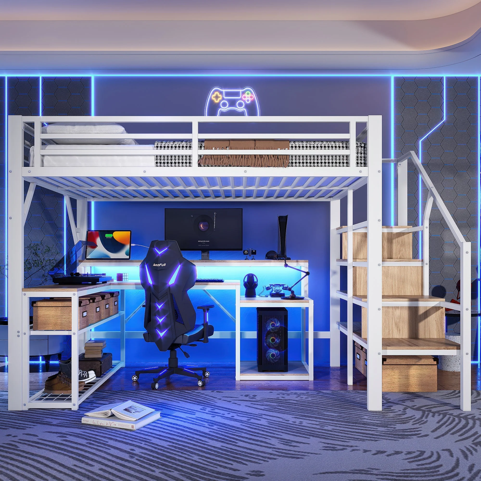 Loft Bed with Desk, LED Lighting and Storage Staircase, 140 x 200 cm, White - Image 5