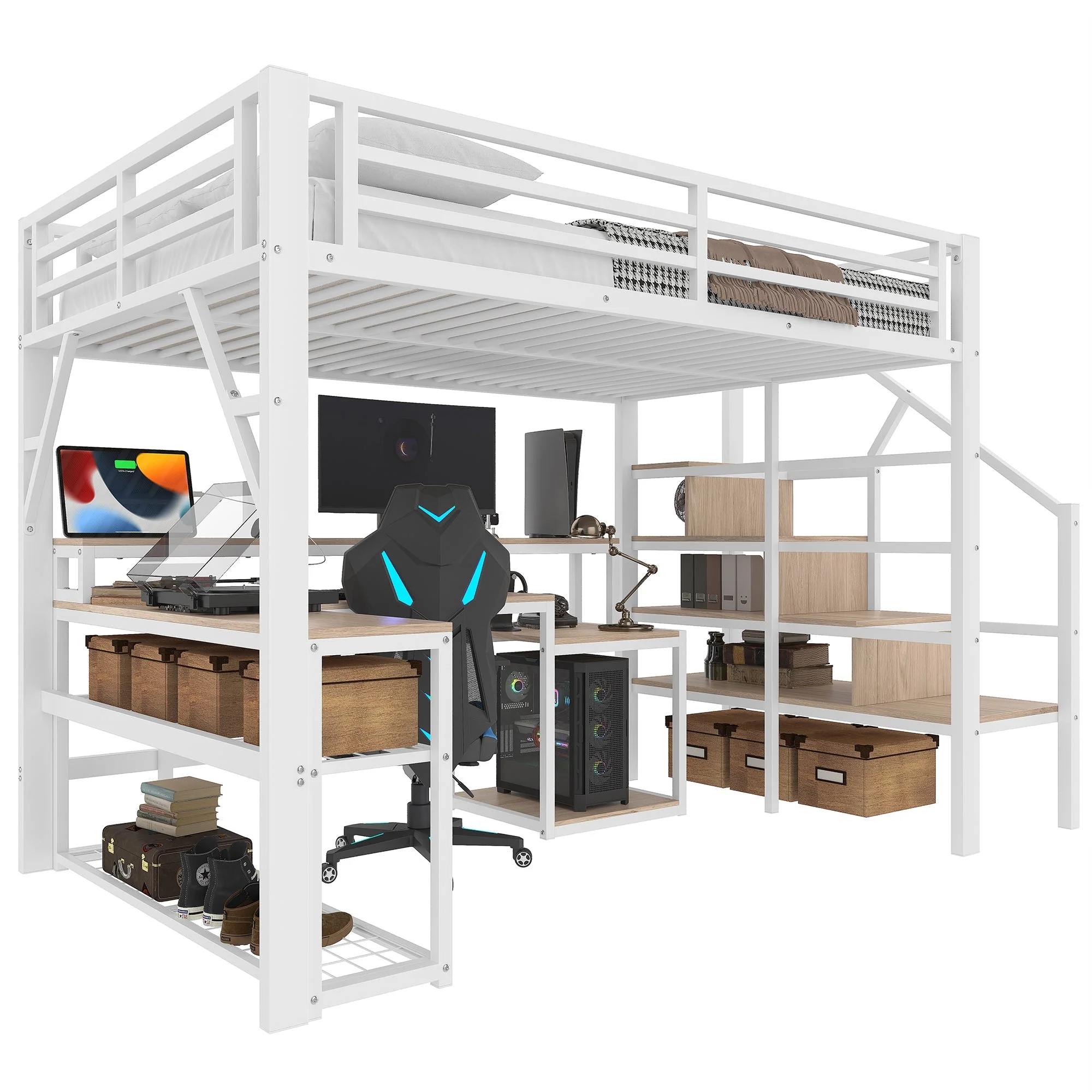 Loft Bed with Desk, LED Lighting and Storage Staircase, 140 x 200 cm, White - Image 7