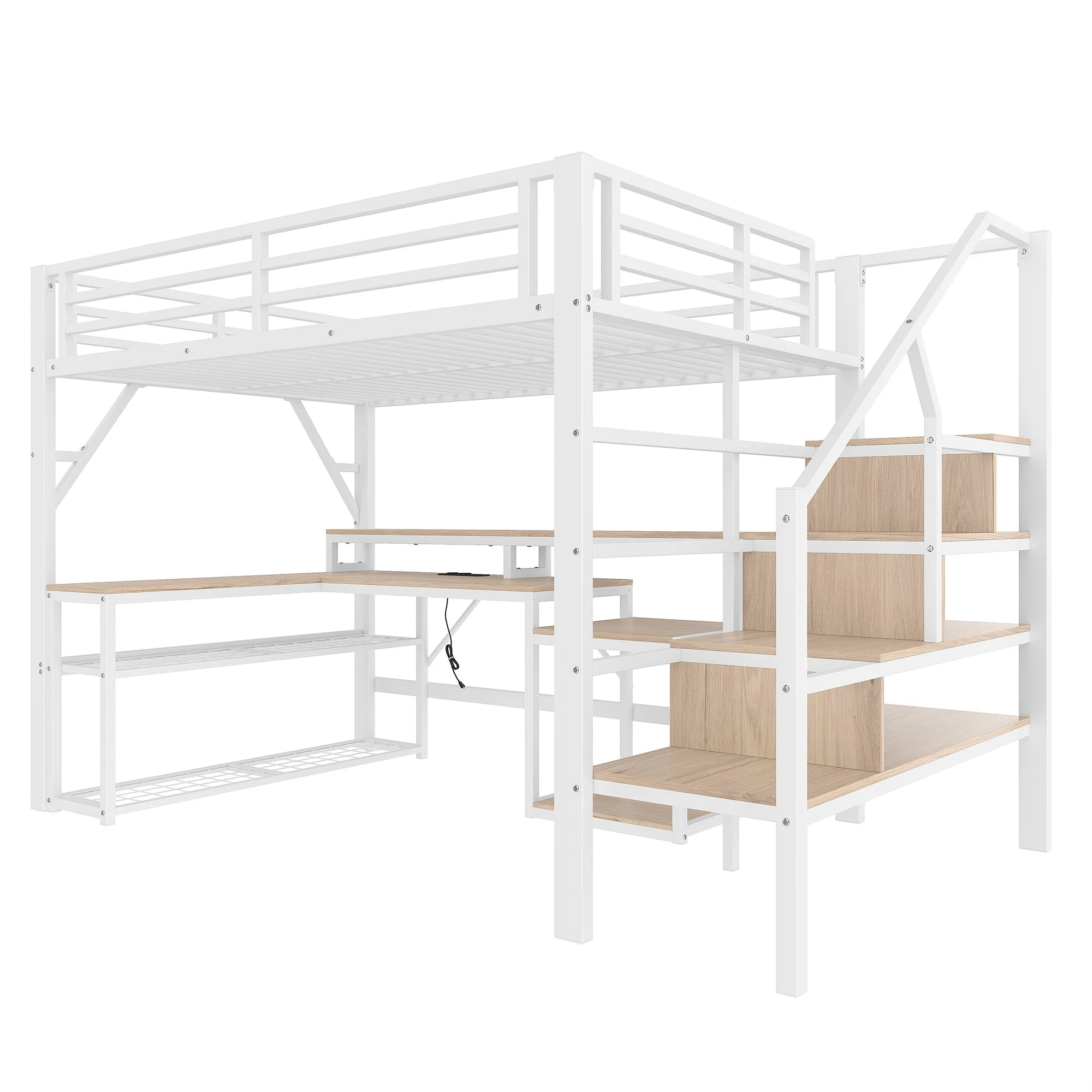 Loft Bed with Desk, LED Lighting and Storage Staircase, 140 x 200 cm, White - Image 9