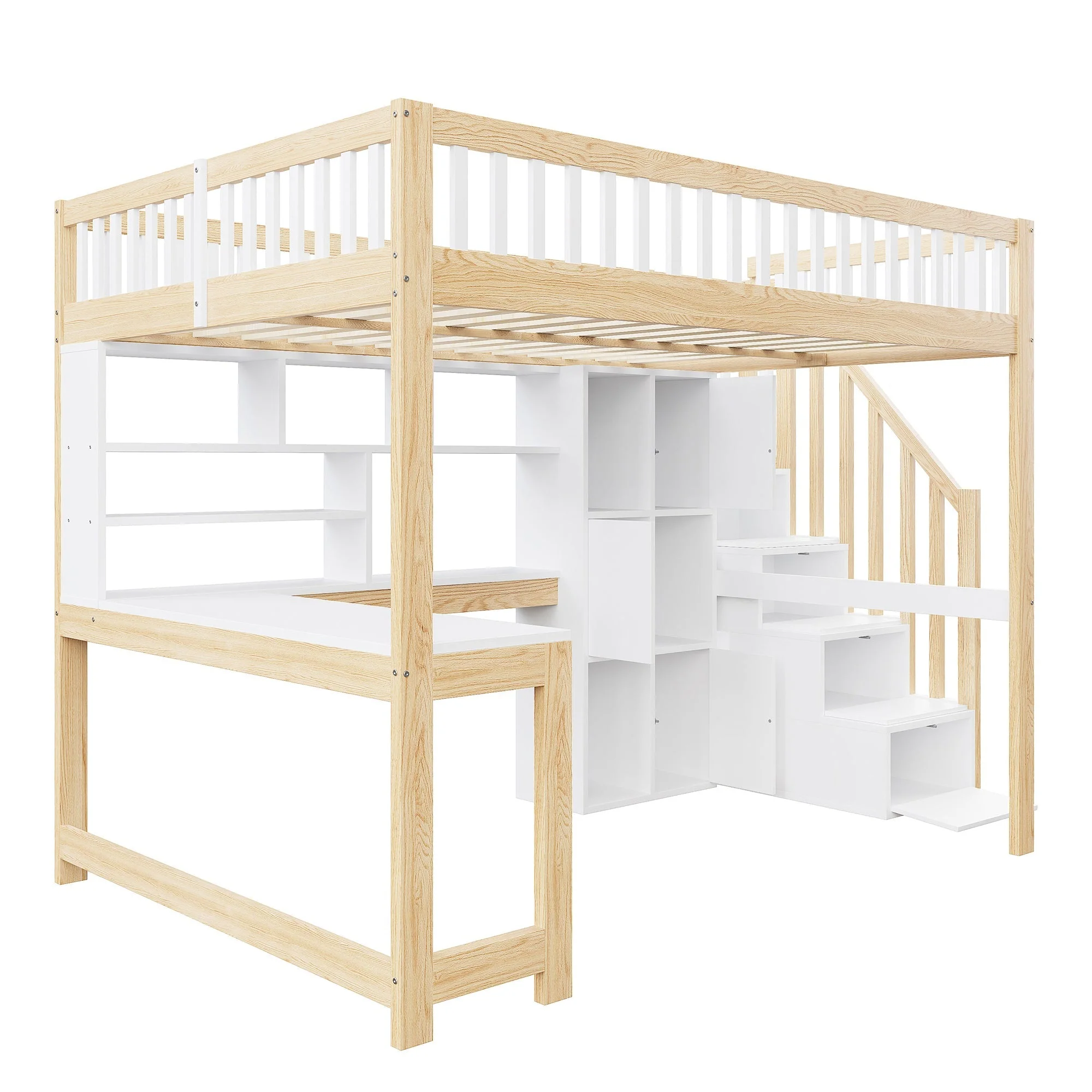 Loft Bed with Desk, LED Lights and Storage Shelves, 140x200cm, White and Natural - Image 9