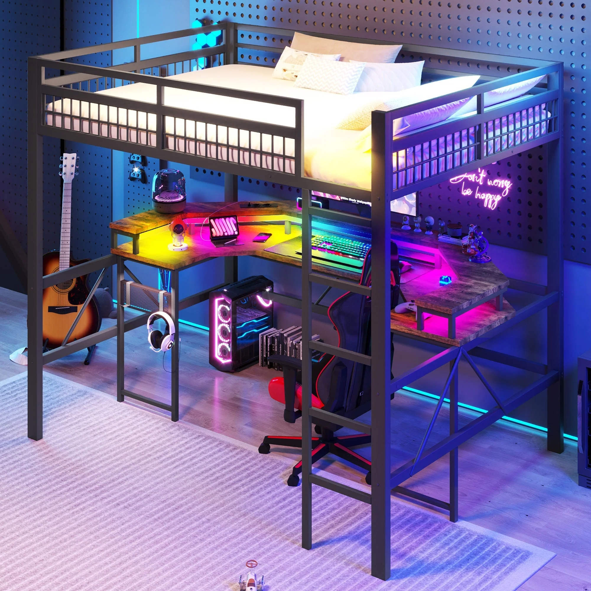 Loft Bed with Desk, LED Lights, Pegboard and Charging Ports, Black Iron Frame - Image 3