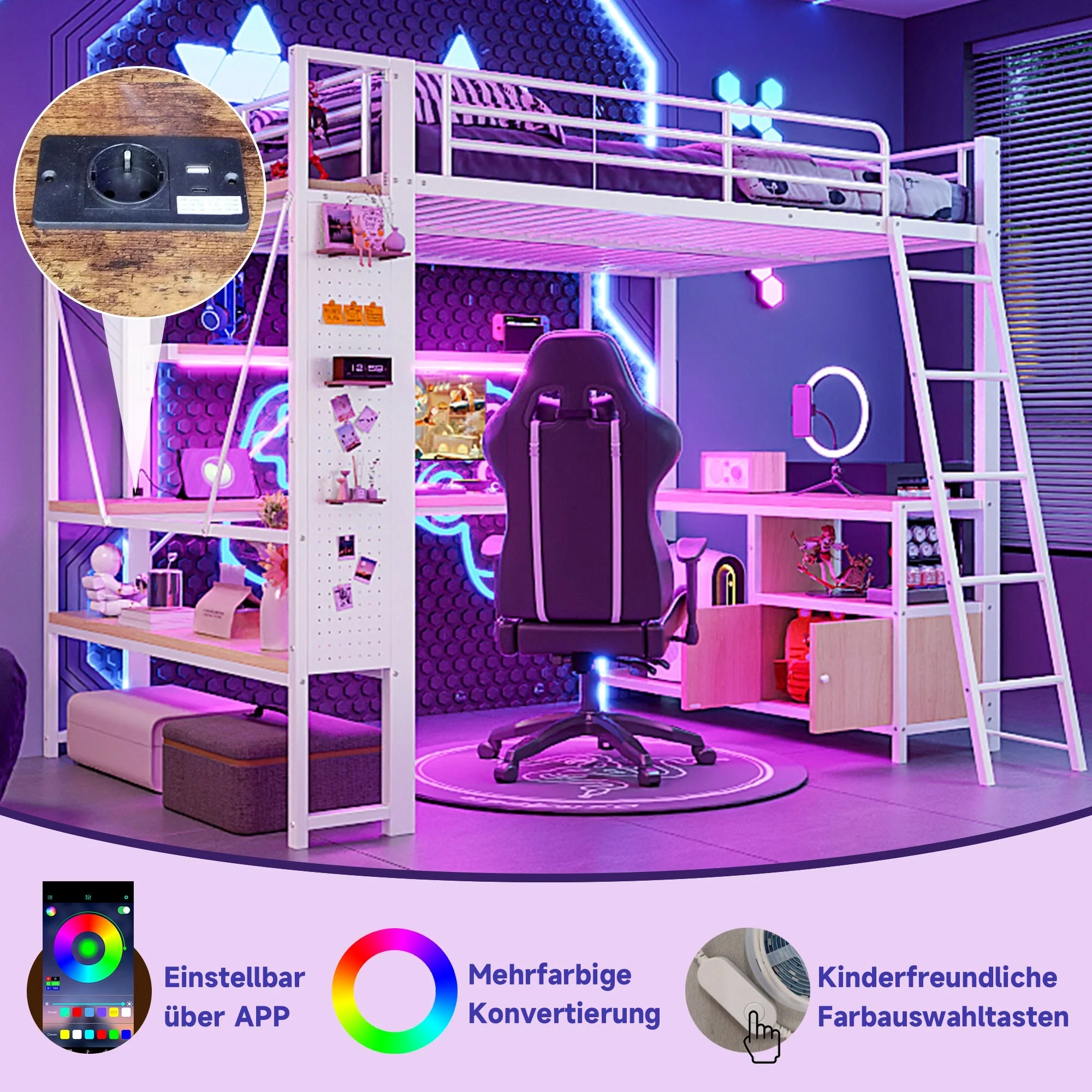 Loft Bed with Desk, LED Lights, Storage and USB Port, 140 x 200 cm, White Iron Frame - Image 2