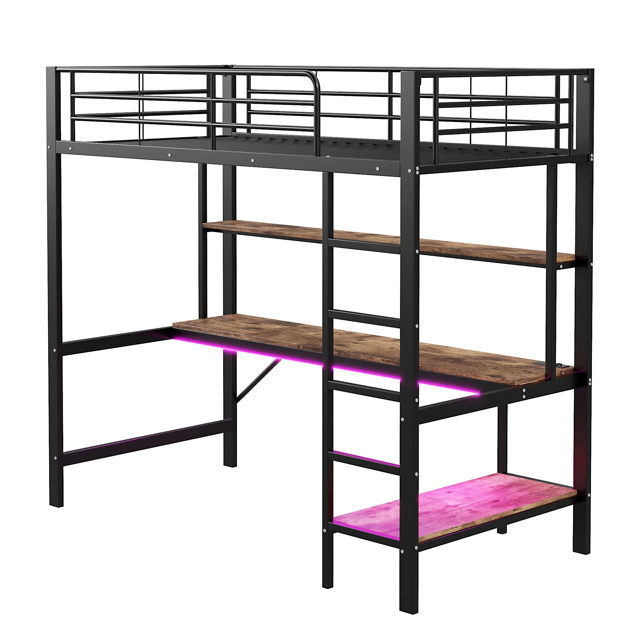 Loft Bed with Desk, LED Lights, USB and Power Outlet, Black Metal - Image 10