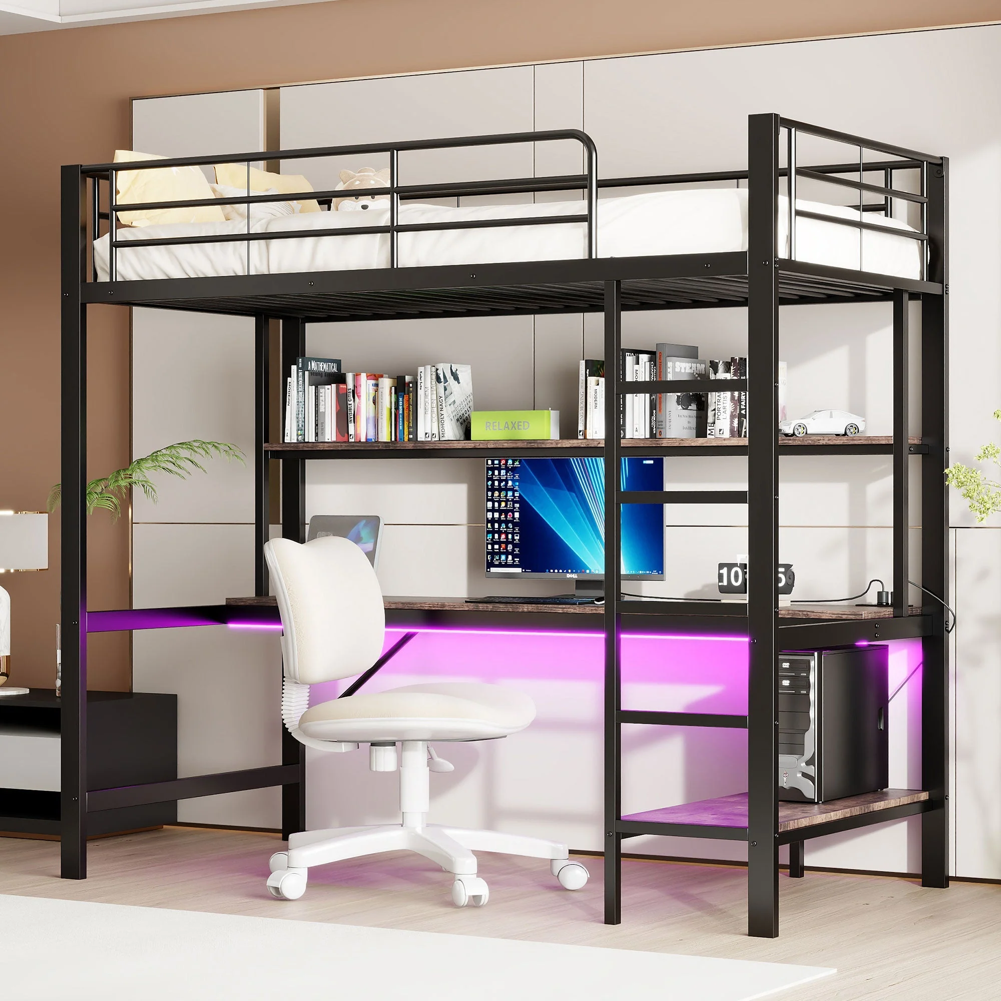 Loft Bed with Desk, LED Lights, USB and Power Outlet, Black Metal - Image 6