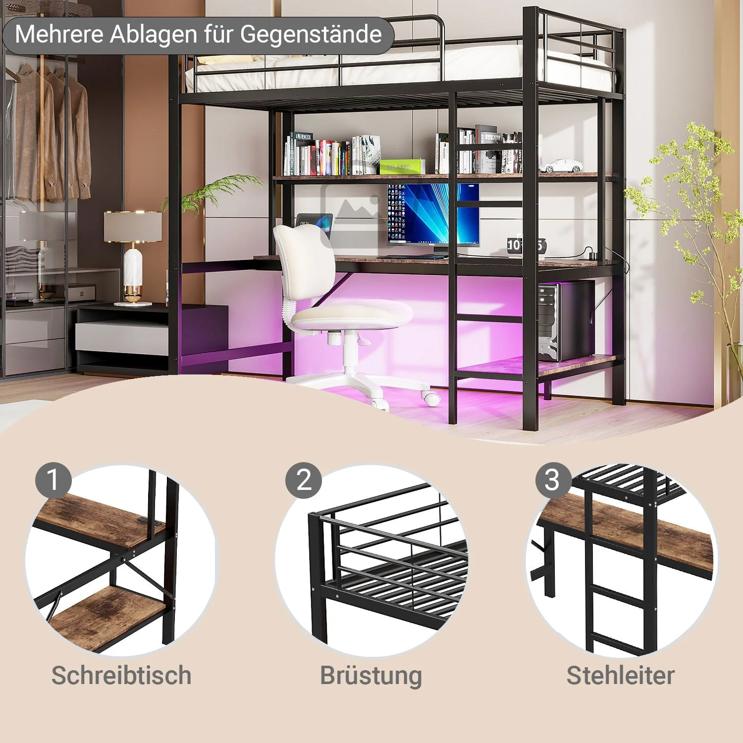 Loft Bed with Desk, LED Lights, USB and Power Outlet, Black Metal - Image 7