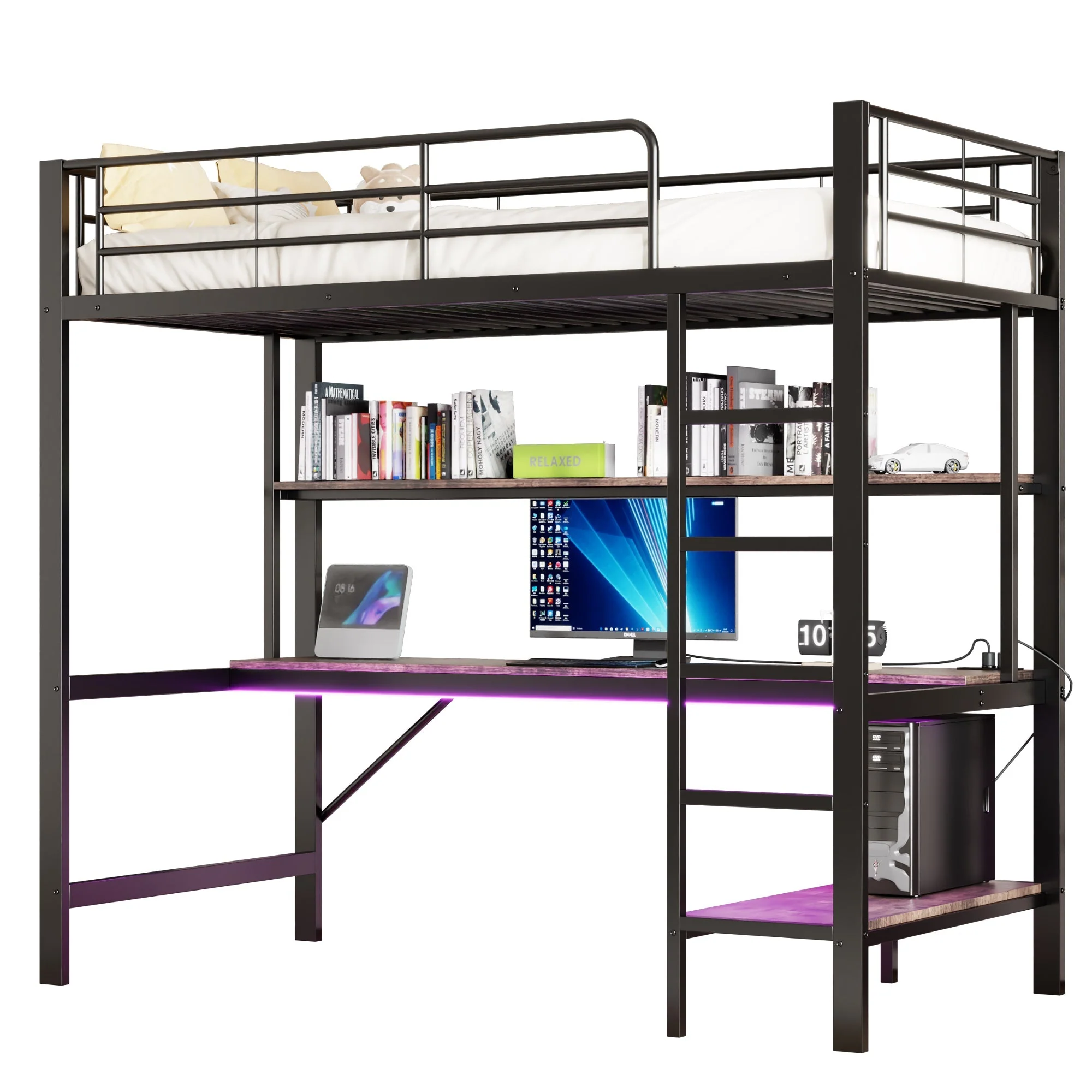 Loft Bed with Desk, LED Lights, USB and Power Outlet, Black Metal - Image 8