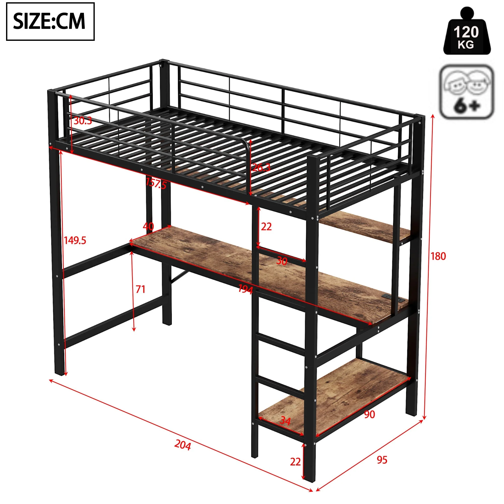 Loft Bed with Desk, LED Lights, USB and Power Outlet, Black Metal - Image 9