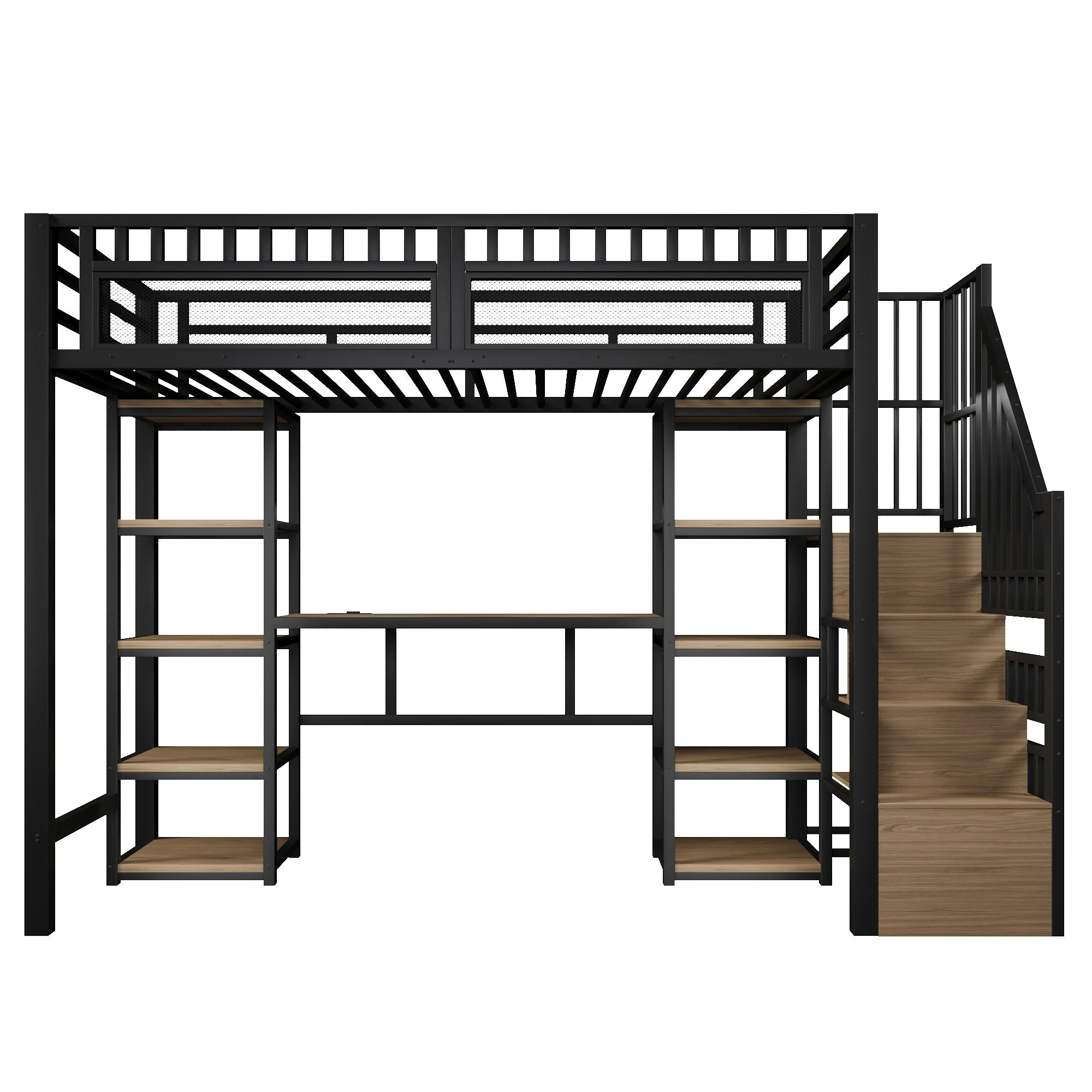 Loft Bed with Desk, LED Lights, USB Port and Storage Ladder, Black Iron Frame - Image 10