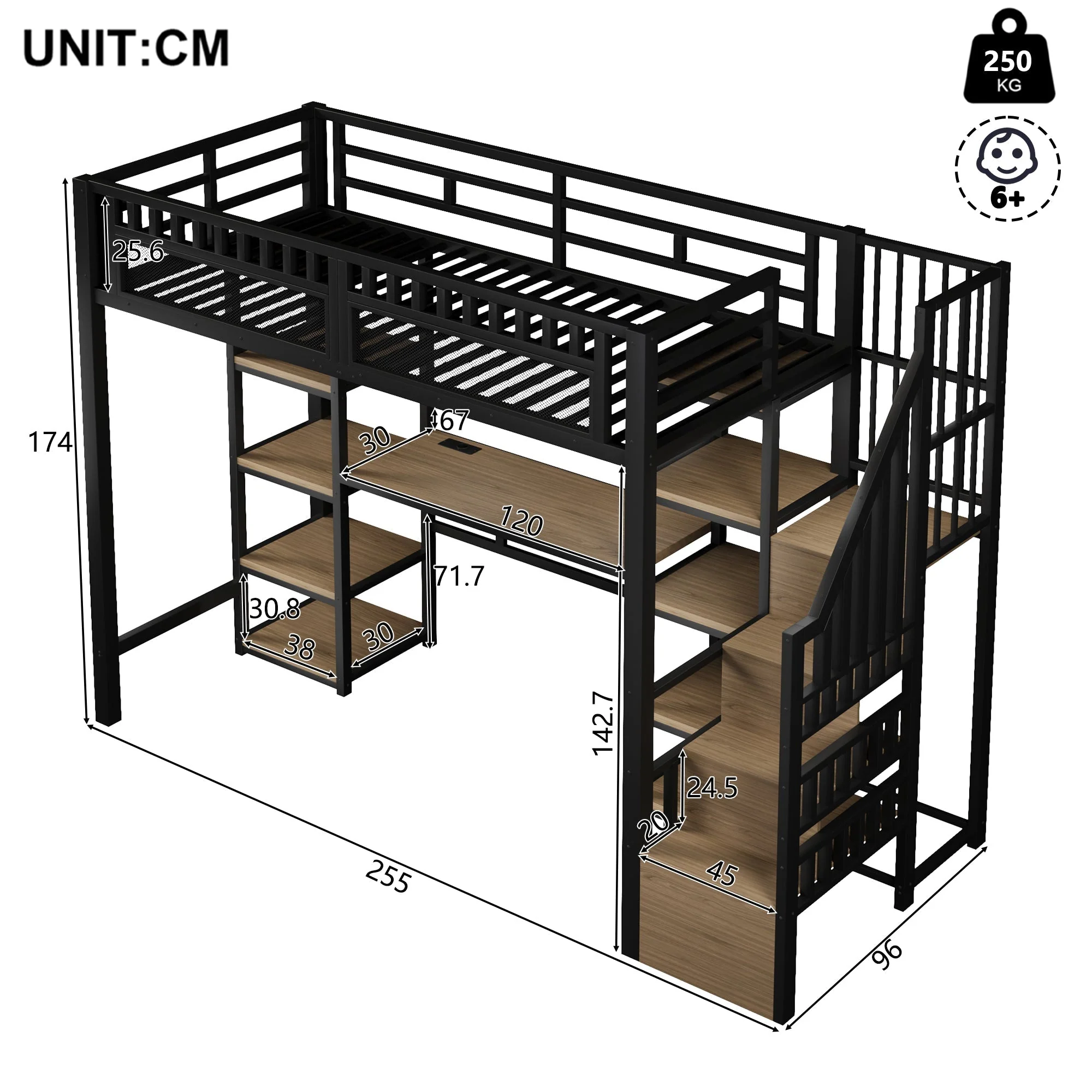 Loft Bed with Desk, LED Lights, USB Port and Storage Ladder, Black Iron Frame - Image 8