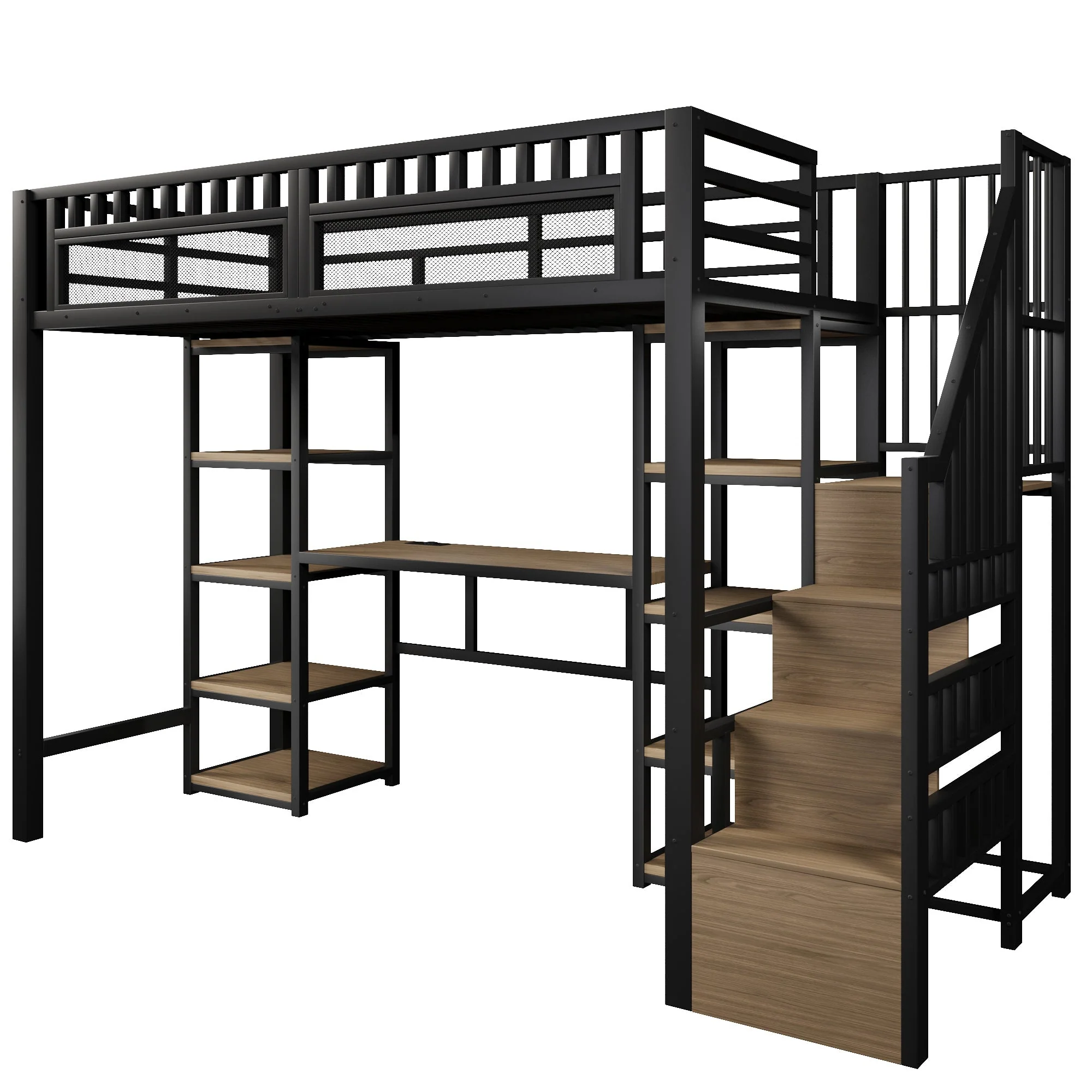 Loft Bed with Desk, LED Lights, USB Port and Storage Ladder, Black Iron Frame - Image 9
