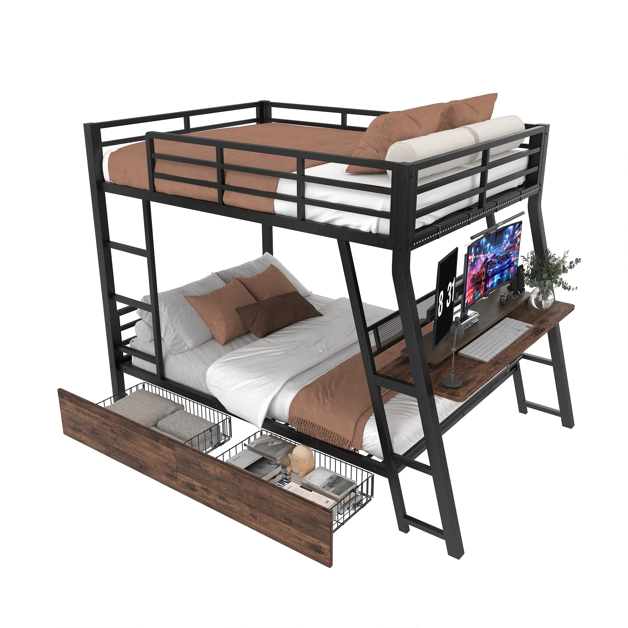 Loft Bed with Desk, LED Strip and Storage Drawers, Black Iron Frame - Image 8
