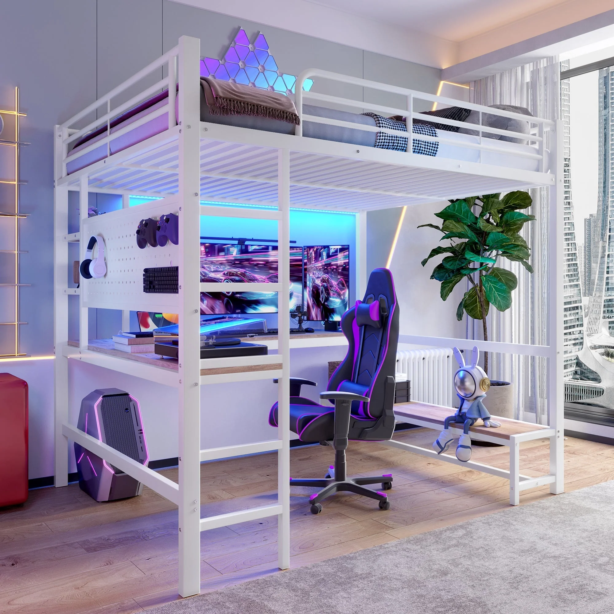 Loft Bed with Desk, Shelves, LED and USB Sockets, White Metal and MDF - Image 6