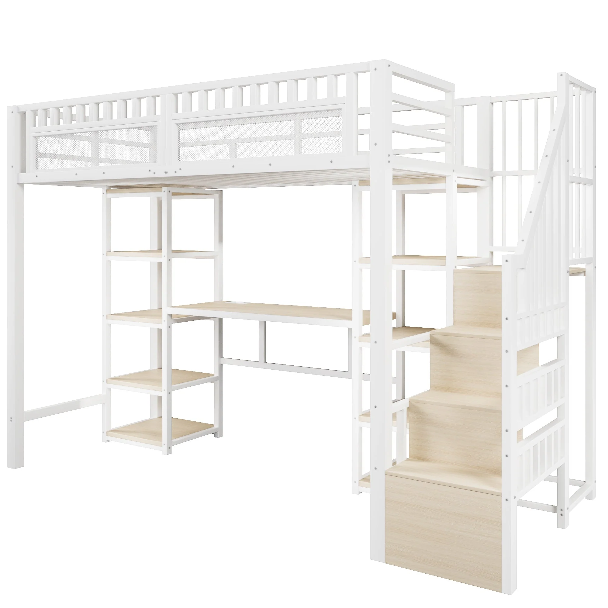 Loft Bed with Desk, Storage Ladder and LED Light Strip, White Metal Frame - Image 10