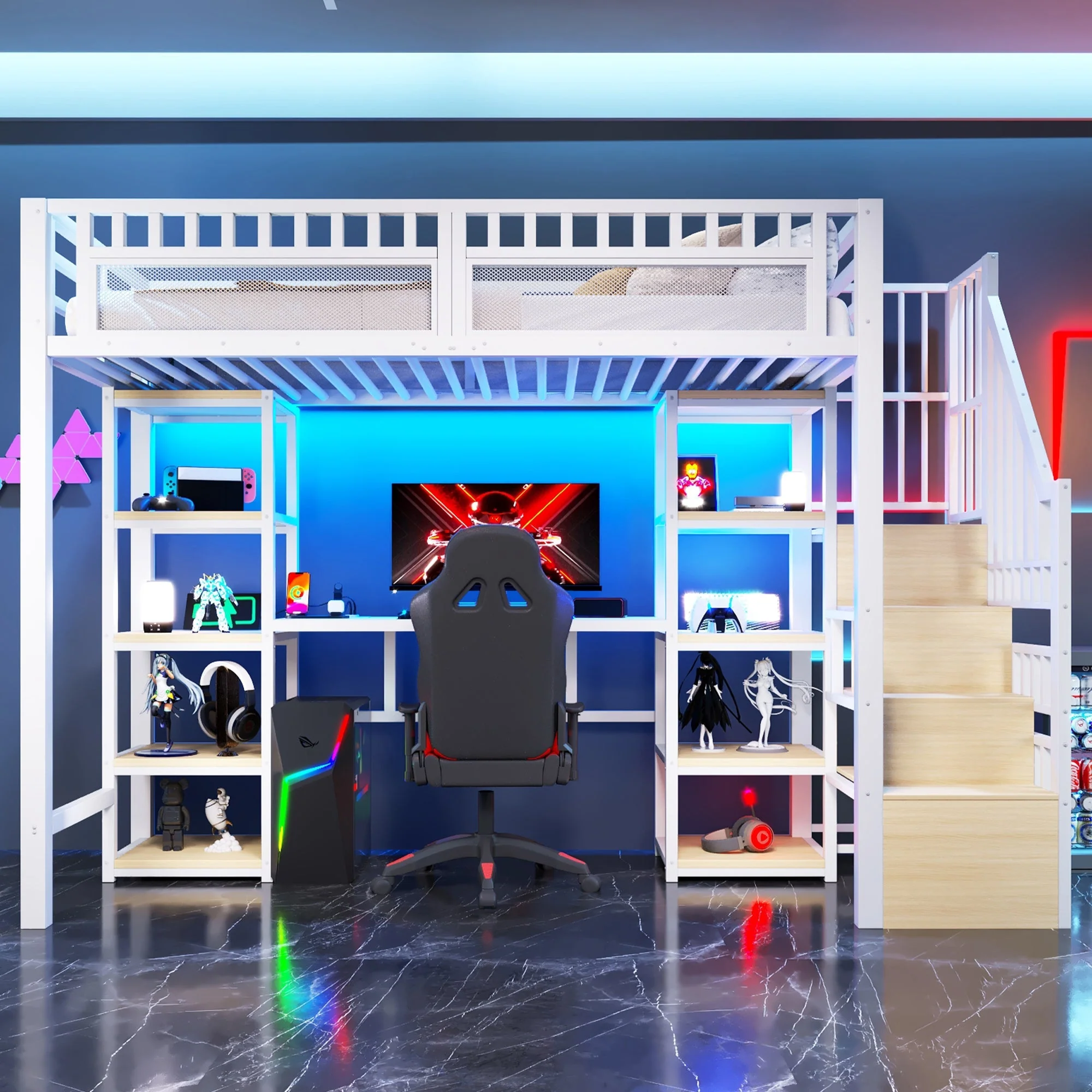 Loft Bed with Desk, Storage Ladder and LED Light Strip, White Metal Frame - Image 6