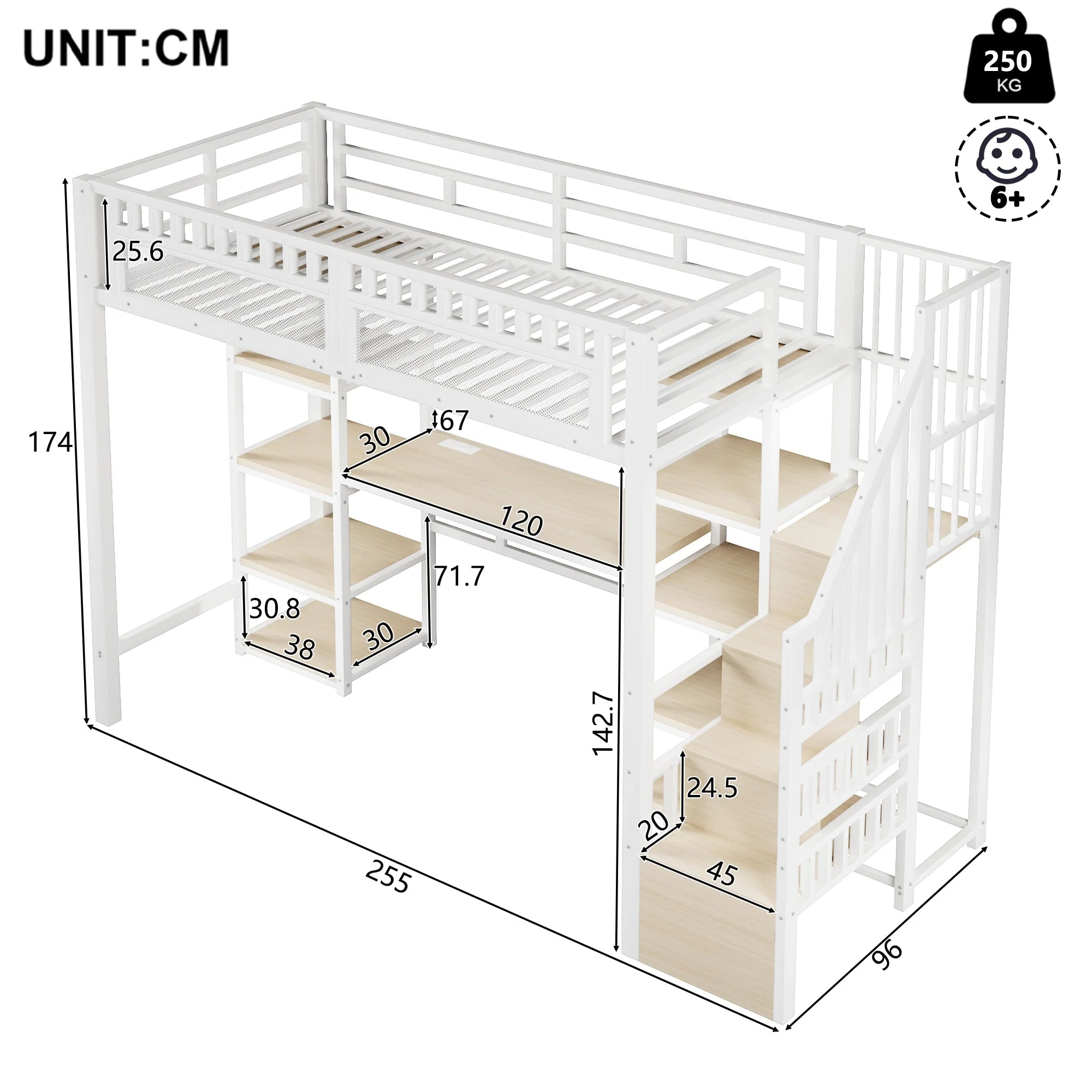 Loft Bed with Desk, Storage Ladder and LED Light Strip, White Metal Frame - Image 8