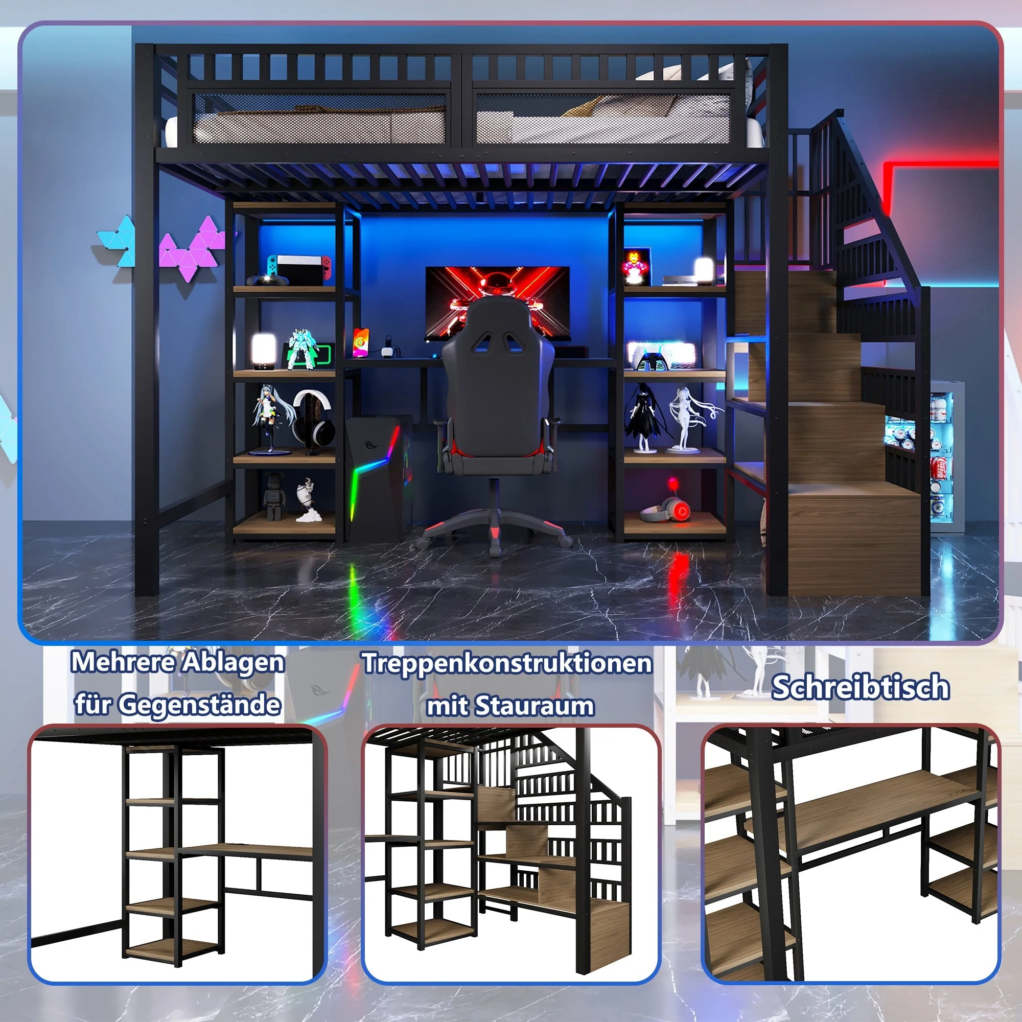 Loft Bed with Desk, Storage Ladder and LED Strip, Black Iron Frame - Image 3