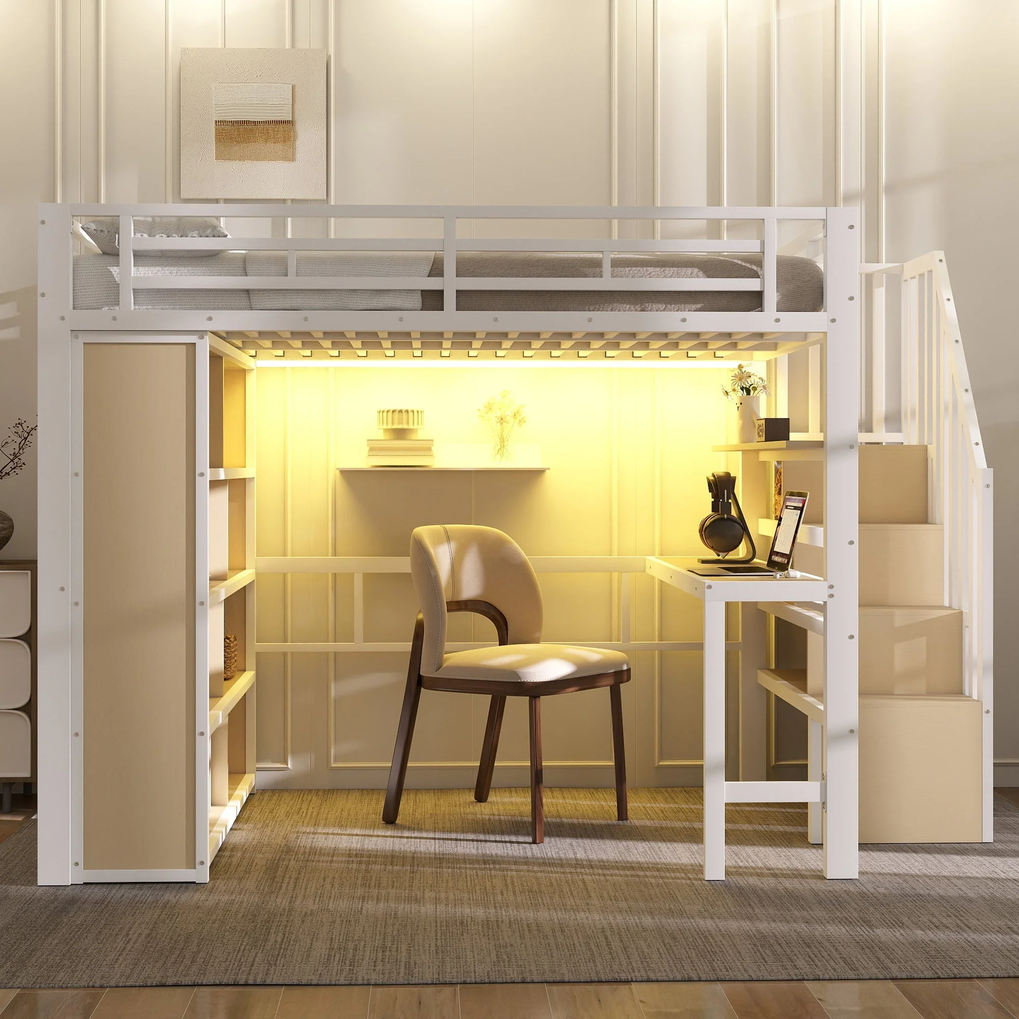 Loft Bed with Desk, Storage Staircase and LED Light Strip, 140x200cm, White Iron Frame - Image 4