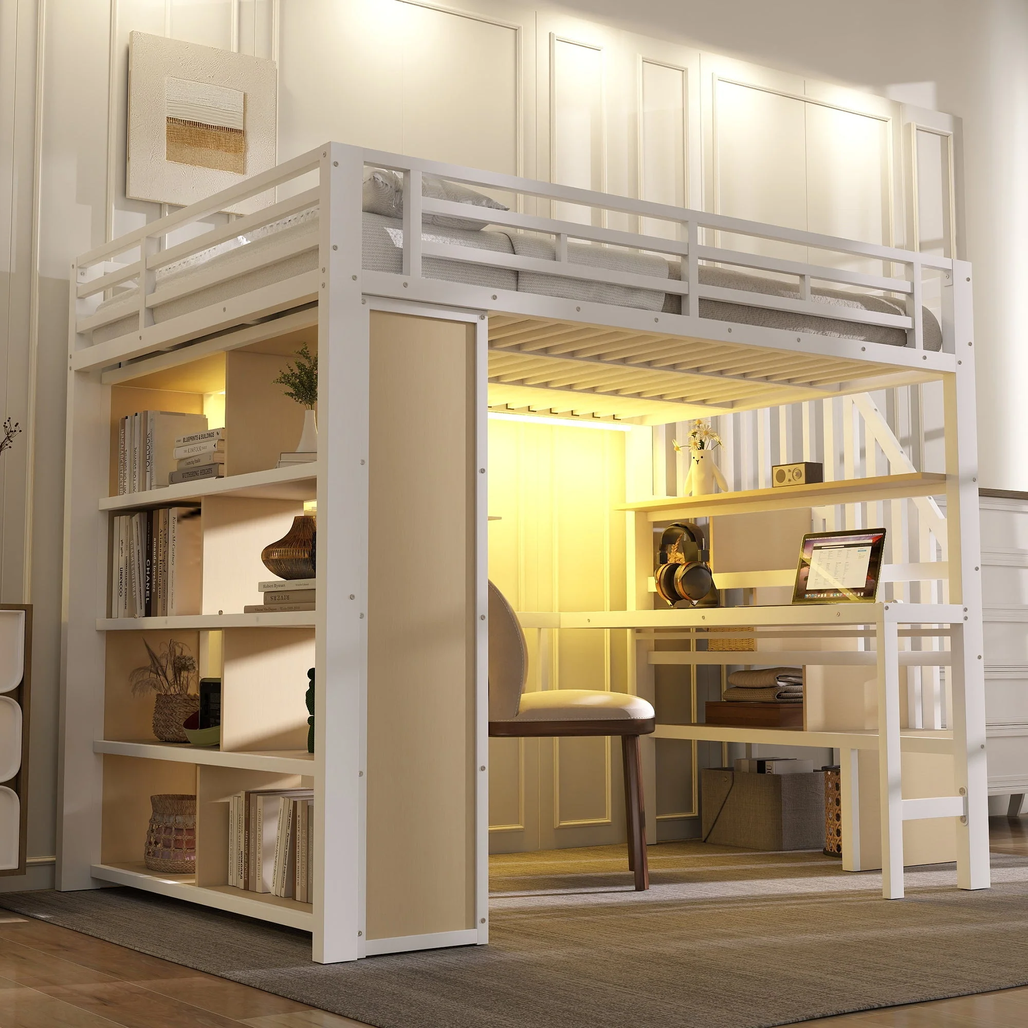 Loft Bed with Desk, Storage Staircase and LED Light Strip, 140x200cm, White Iron Frame - Image 5