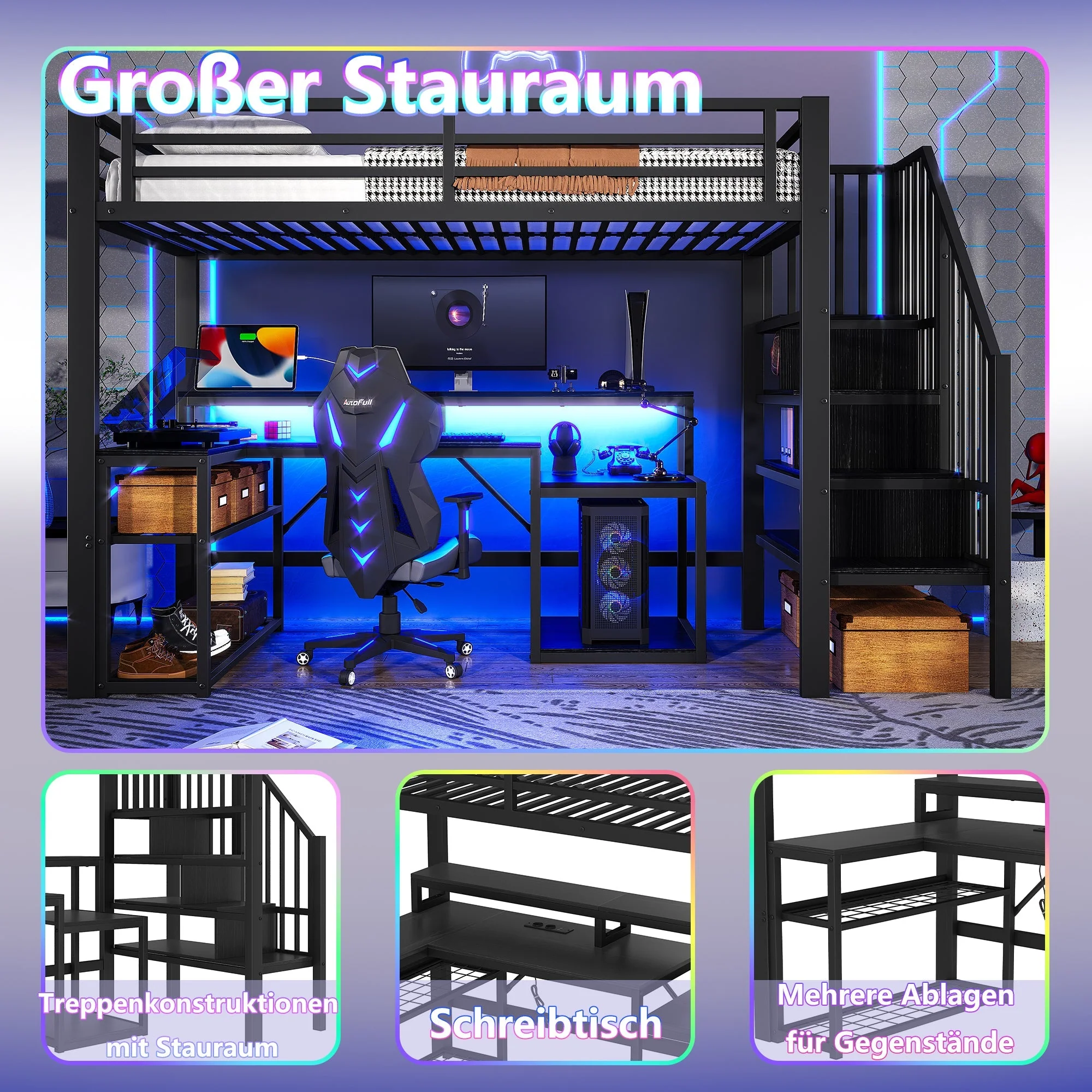 Loft Bed with Desk, Storage Staircase and LED Lights, Black Iron Frame - Image 3
