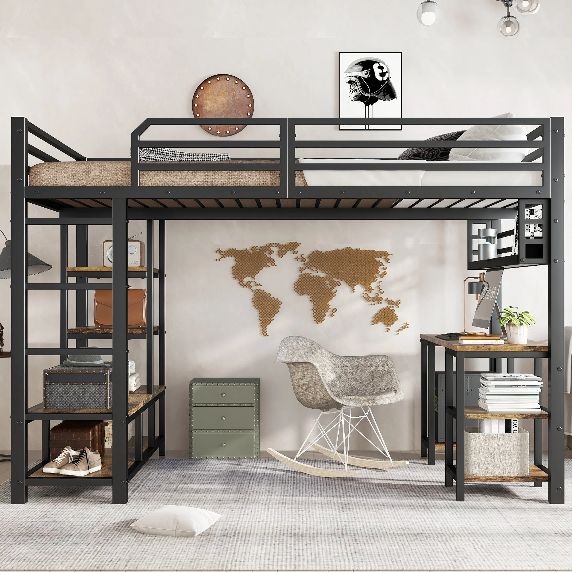 Loft Bed with Desk, Storage, Sturdy Slats, 4-Step Ladder, 120x200cm, Iron + Chipboard Black/Dark - Image 4