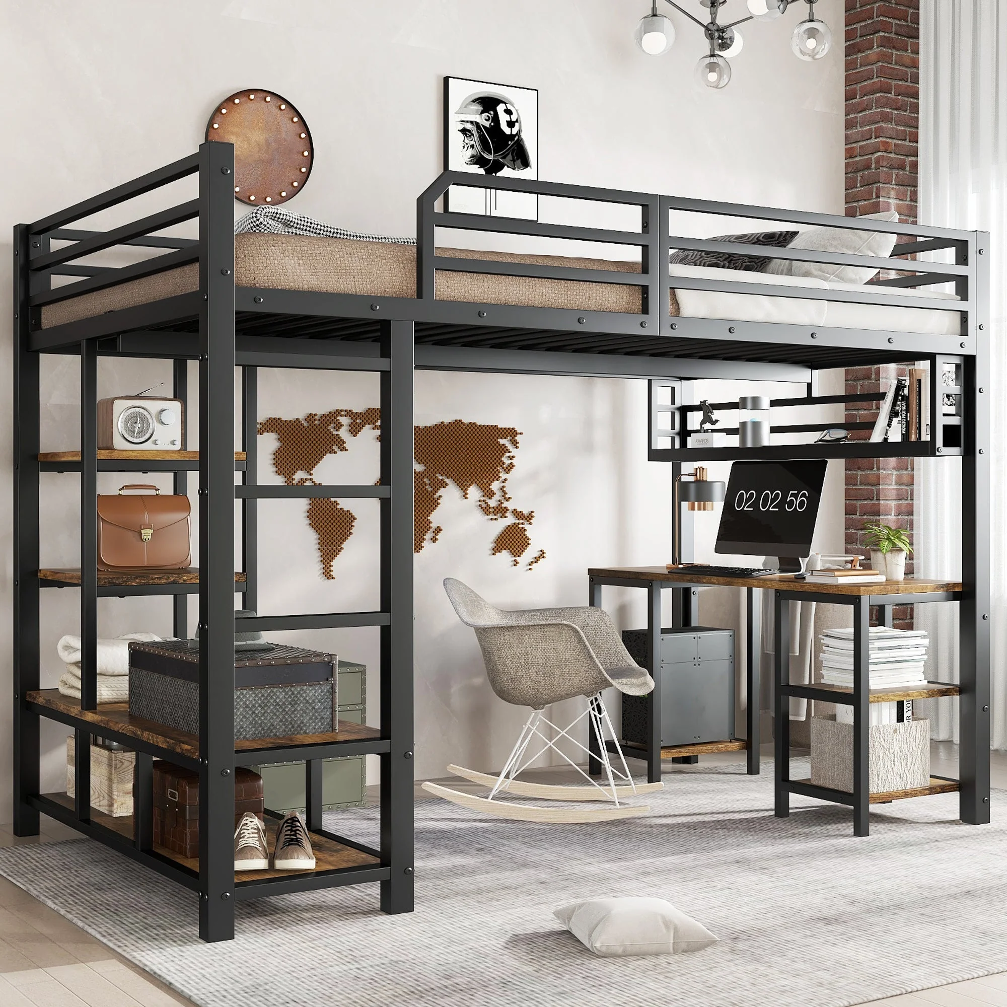 Loft Bed with Desk, Storage, Sturdy Slats, 4-Step Ladder, 120x200cm, Iron + Chipboard Black/Dark - Image 6