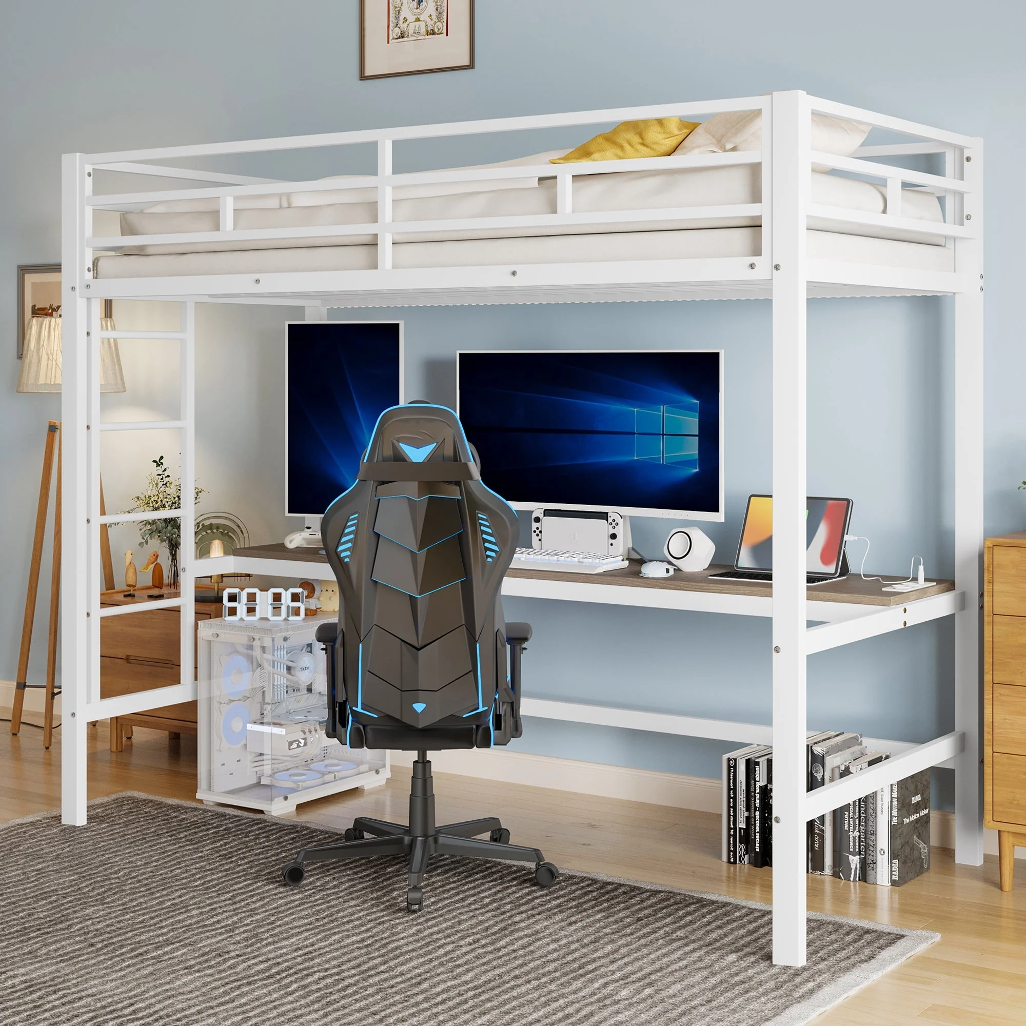 Loft Bed with Desk, USB Ports and LED Light Strip, White Metal - Image 5