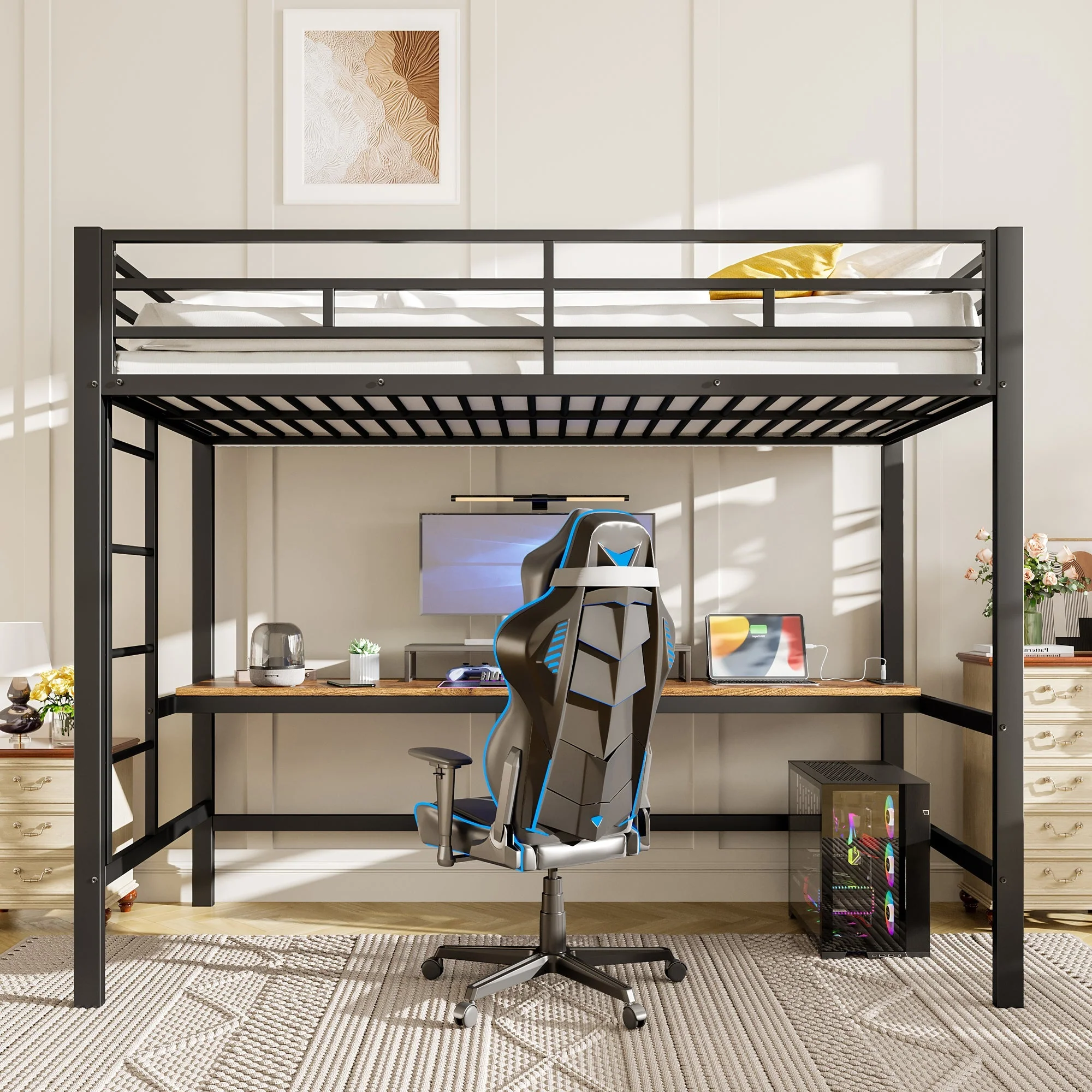 Loft Bed with Desk, USB, Power Outlets and App-Controlled LED Lights, 90x200cm, Black Metal - Image 5